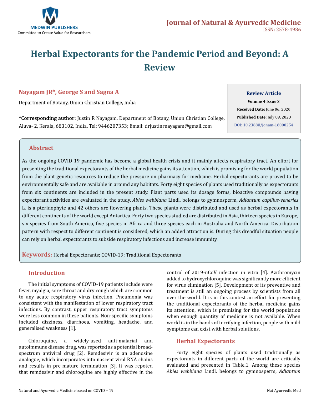 Herbal Expectorants for the Pandemic Period and Beyond: a Review