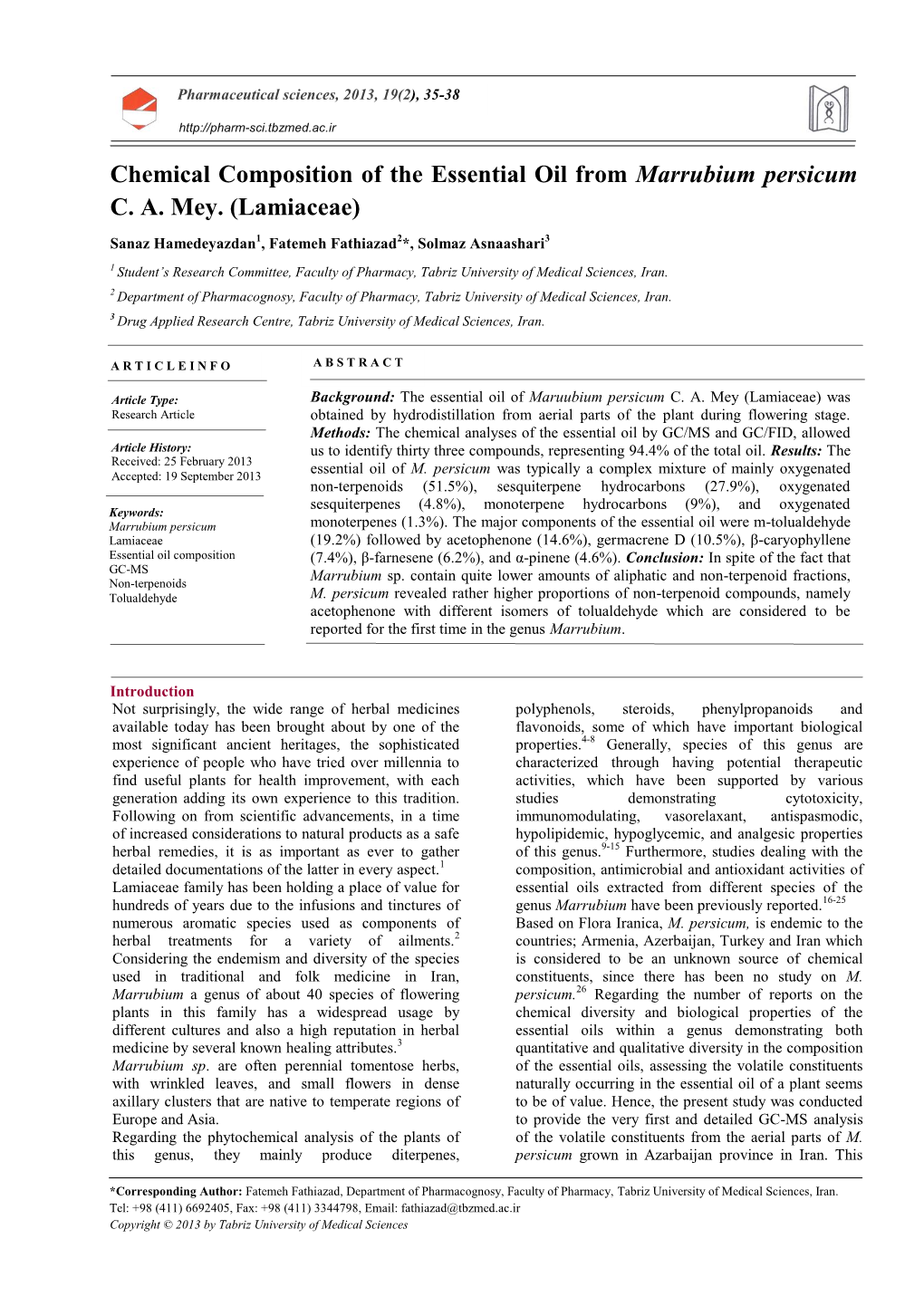 Chemical Composition of the Essential Oil from Marrubium Persicum C