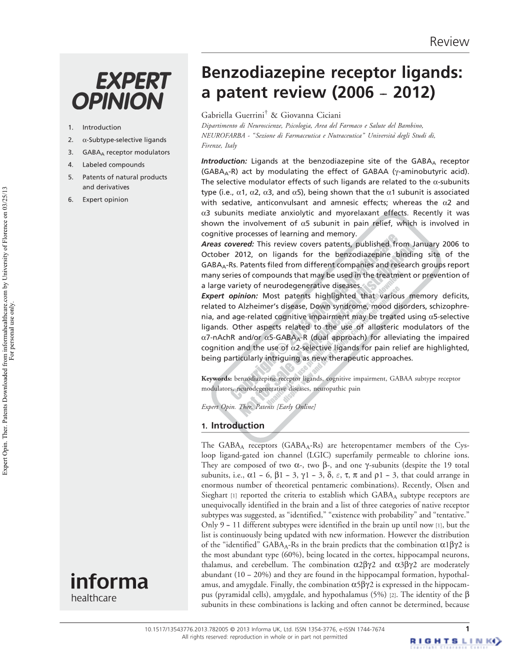 Benzodiazepine Receptor Ligands: a Patent Review (2006 -- 2012)