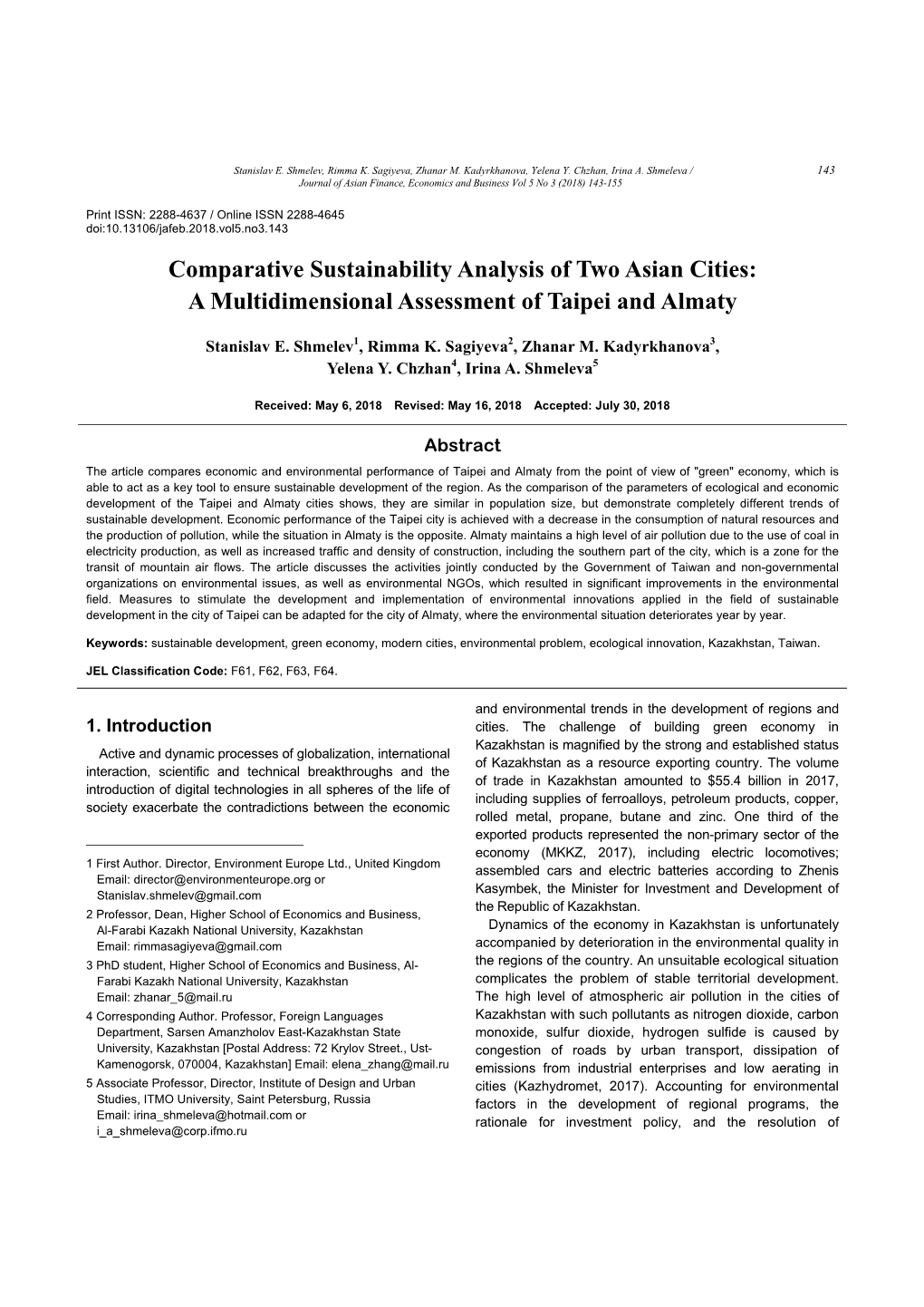 Comparative Sustainability Analysis of Two Asian Cities: a Multidimensional Assessment of Taipei and Almaty