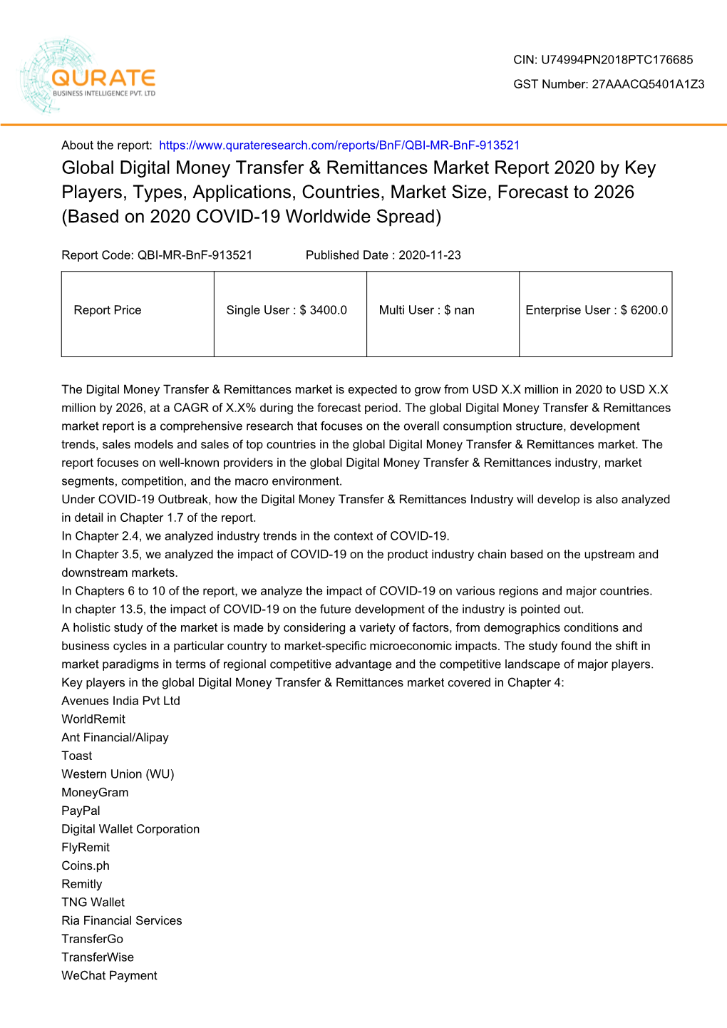 Global Digital Money Transfer & Remittances Market Report 2020 By