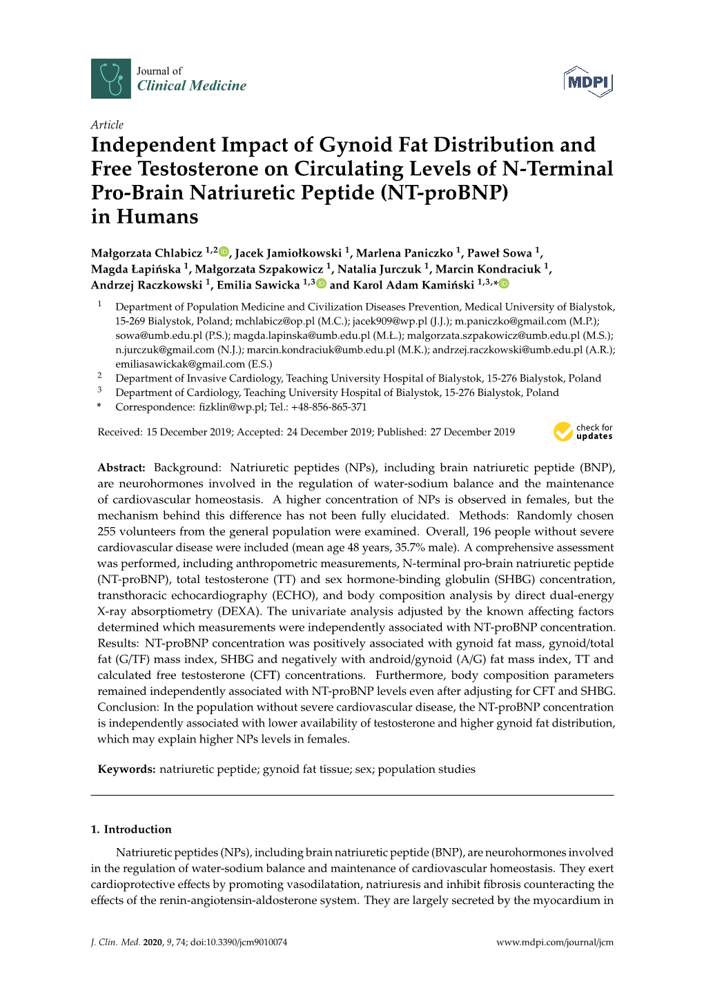 Independent Impact of Gynoid Fat Distribution and Free Testosterone on Circulating Levels of N-Terminal Pro-Brain Natriuretic Peptide (NT-Probnp) in Humans