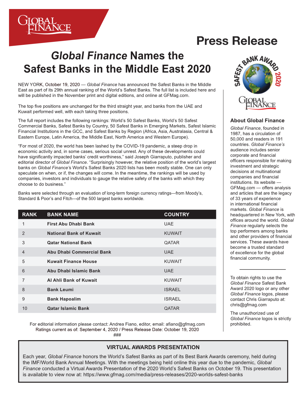 Global Finance Names the Safest Banks in the Middle East 2020