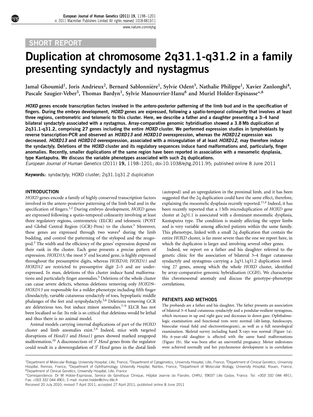 Duplication at Chromosome 2Q31.1-Q31.2 in a Family Presenting Syndactyly and Nystagmus