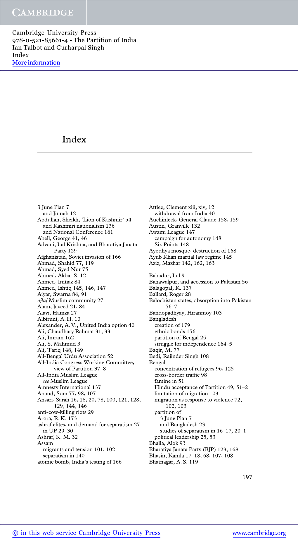 The Partition of India Ian Talbot and Gurharpal Singh Index More Information