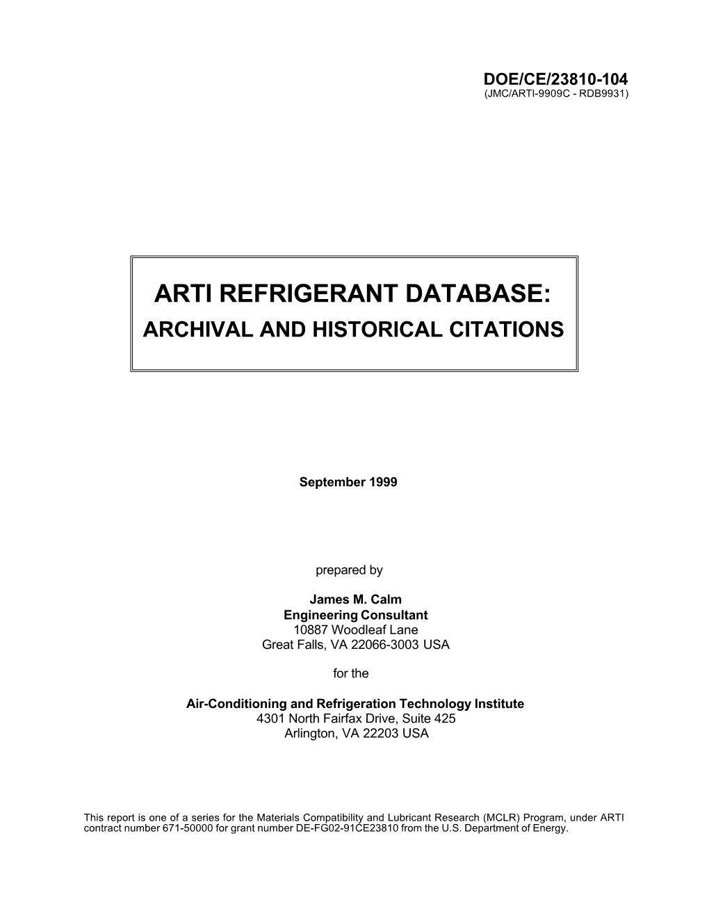 Arti Refrigerant Database: Archival and Historical Citations