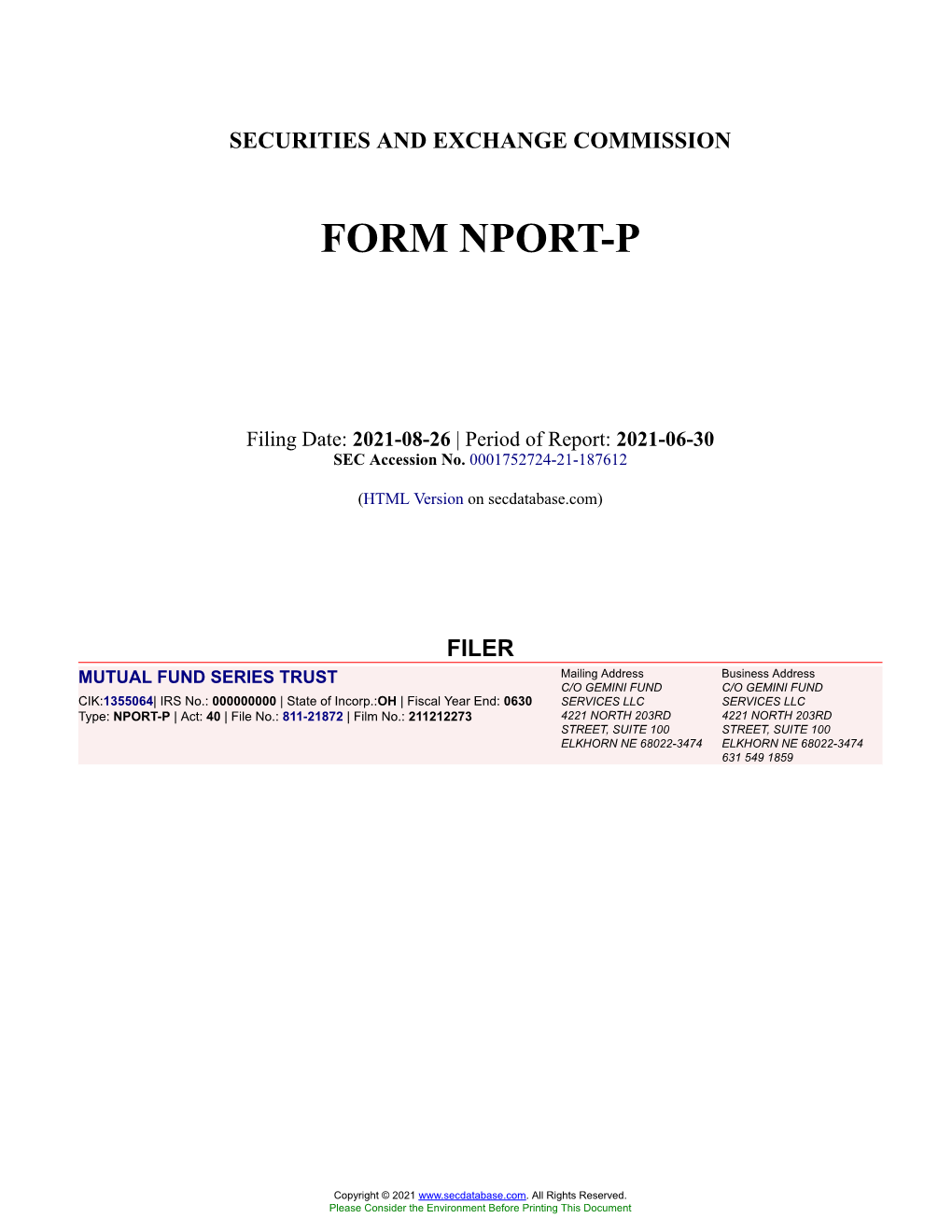 MUTUAL FUND SERIES TRUST Form NPORT-P Filed 2021-08-26