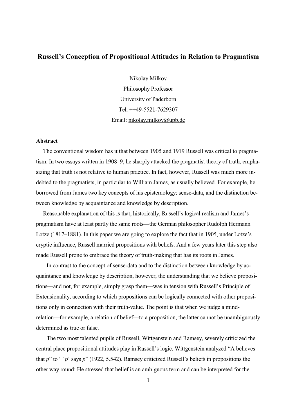 Russell's Conception of Propositional Attitudes in Relation to Pragmatism