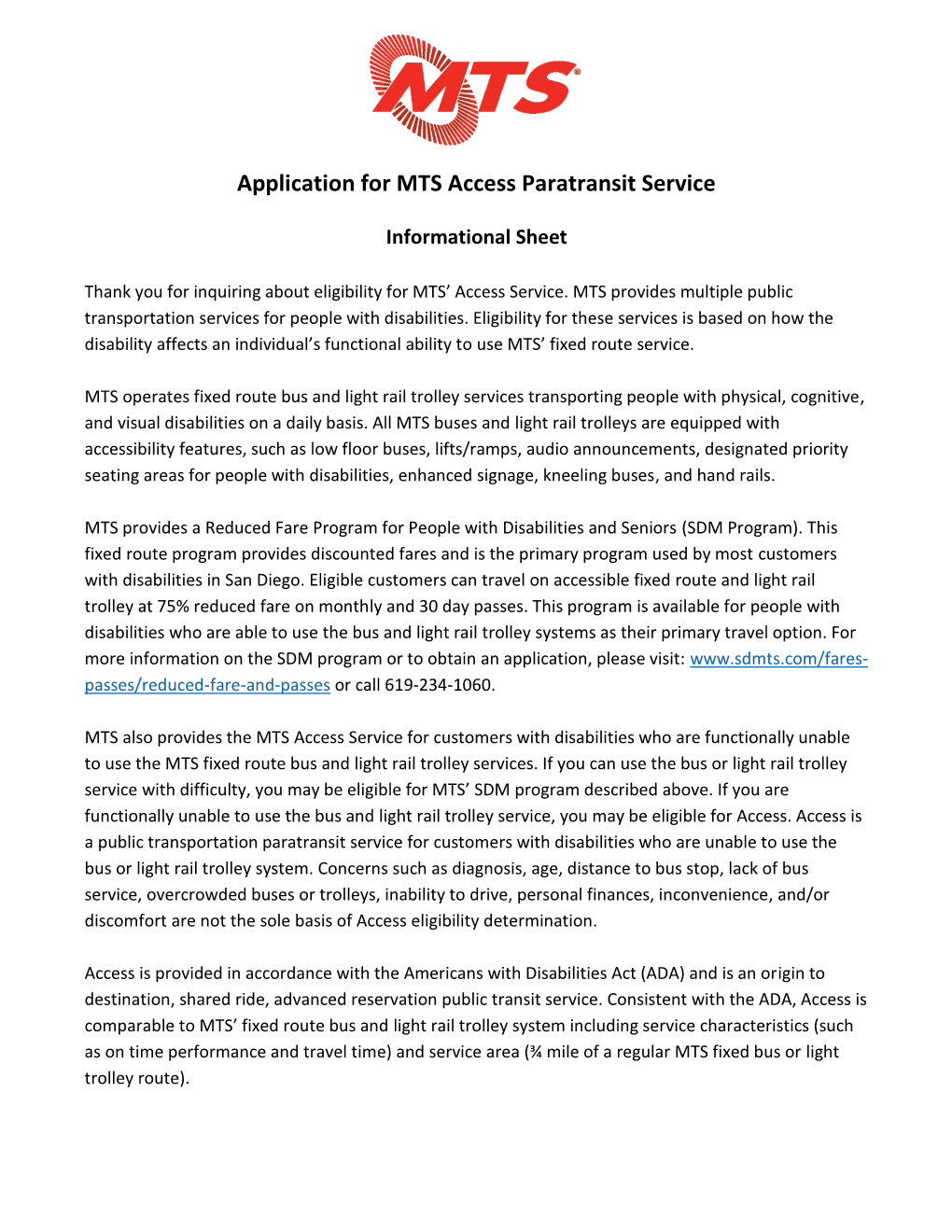 Application for MTS Access Paratransit Service