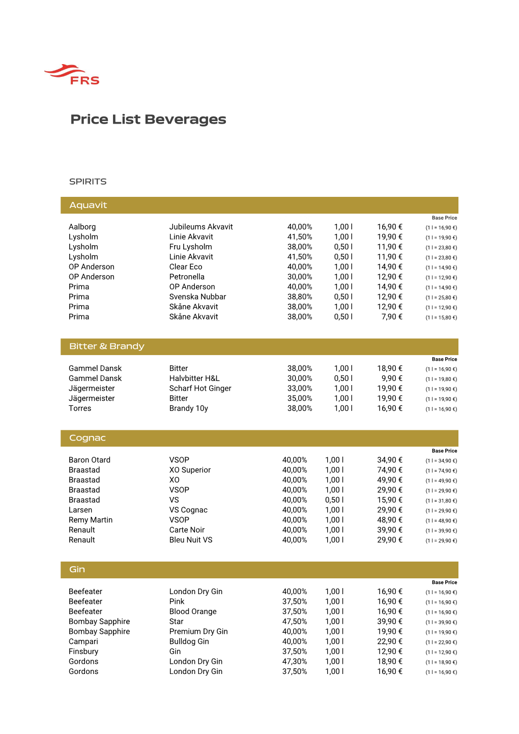 Price List Beverages