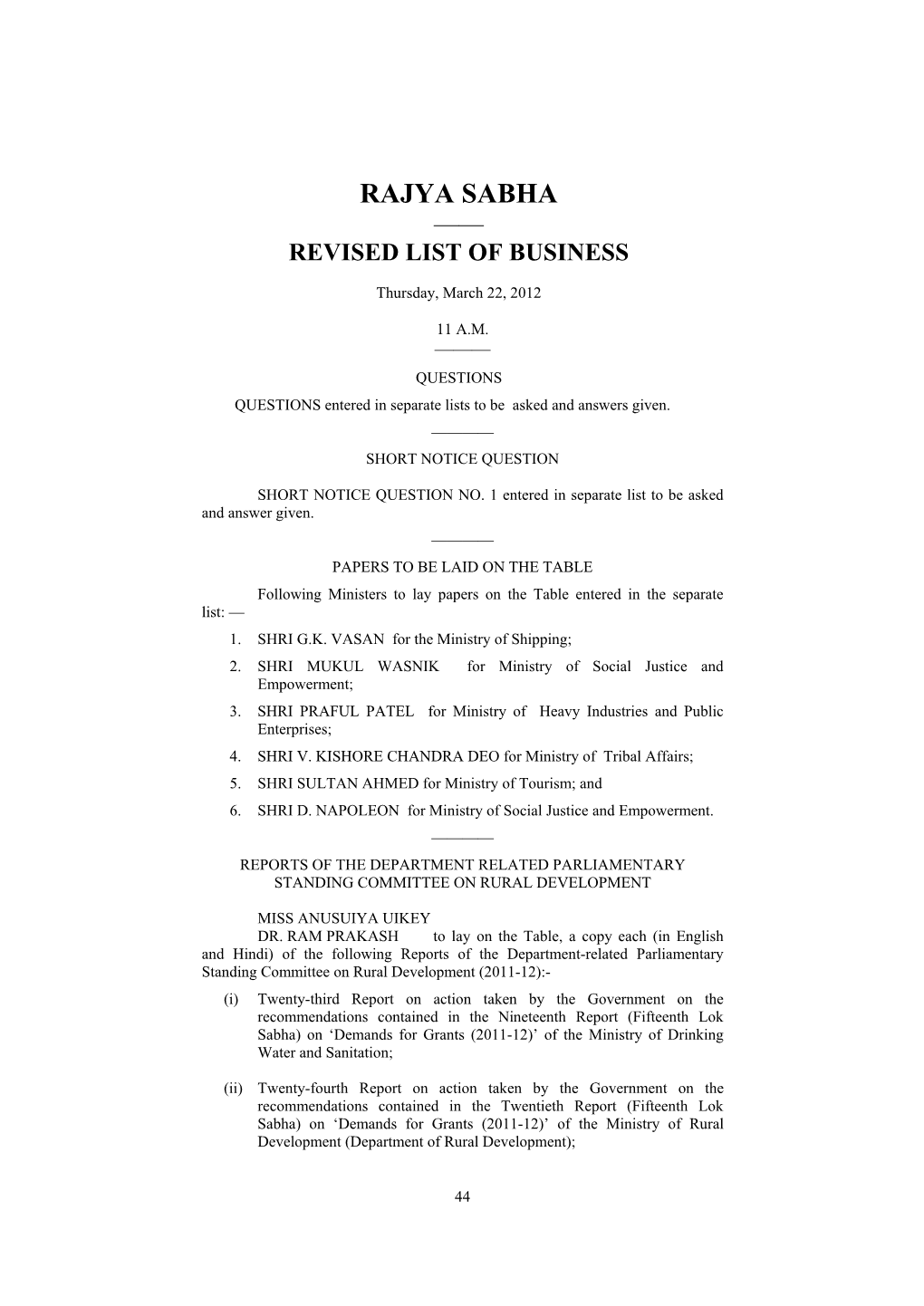 Rajya Sabha —— Revised List of Business