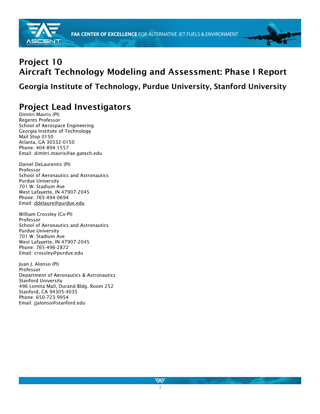 Project 10 Aircraft Technology Modeling and Assessment: Phase I Report