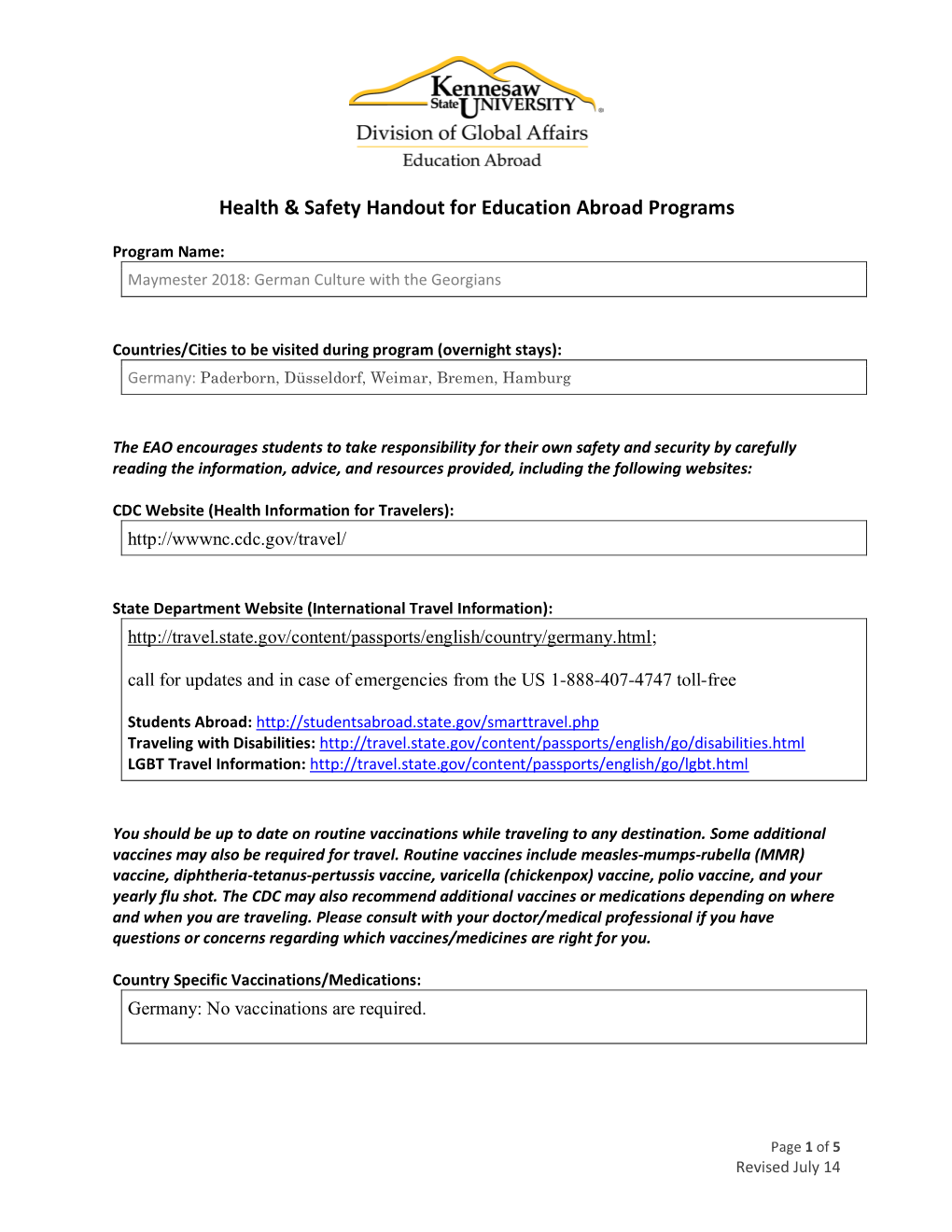 Health & Safety Handout for Education Abroad Programs