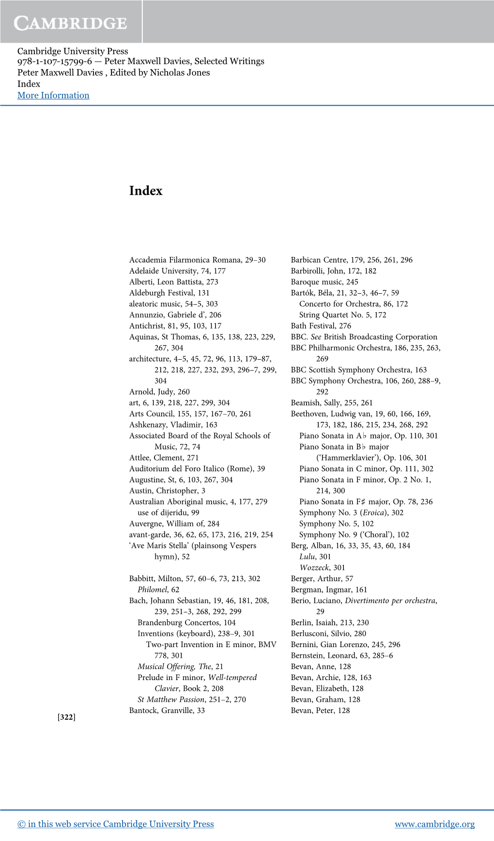 Cambridge University Press 978-1-107-15799-6 — Peter Maxwell Davies, Selected Writings Peter Maxwell Davies , Edited by Nicholas Jones Index More Information
