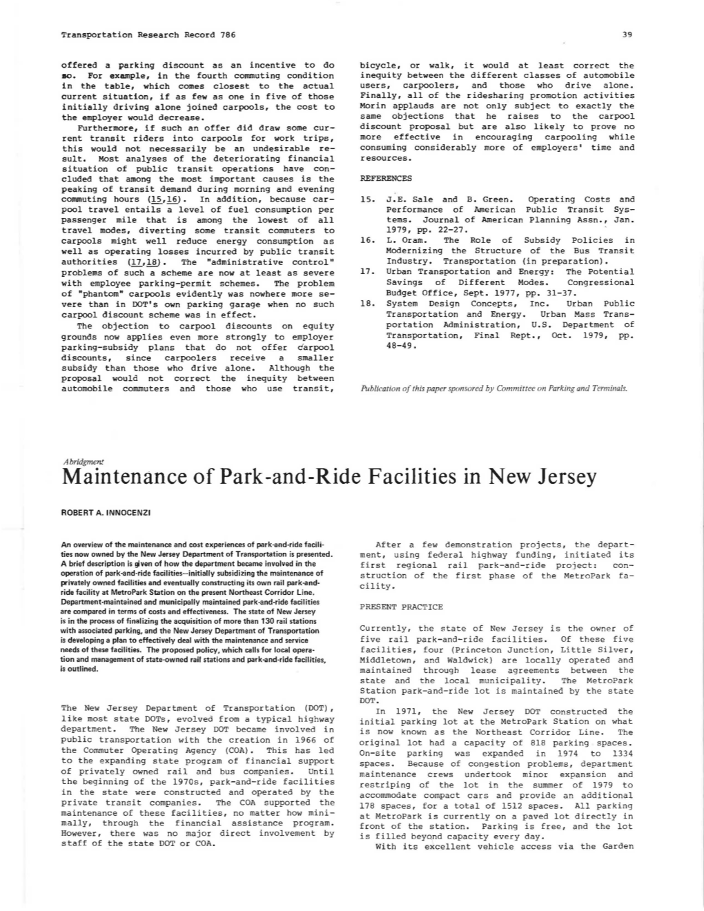 Maintenance of Park-And-Ride Facilities in New Jersey