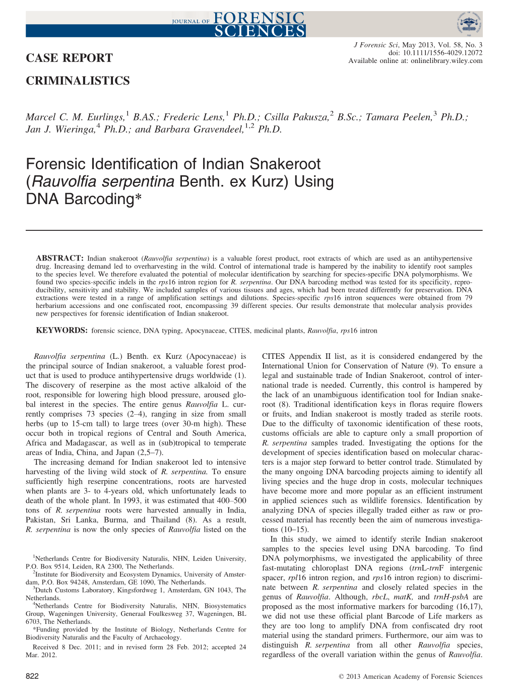 (Rauvolfia Serpentina Benth. Ex Kurz) Using DNA Barcoding*