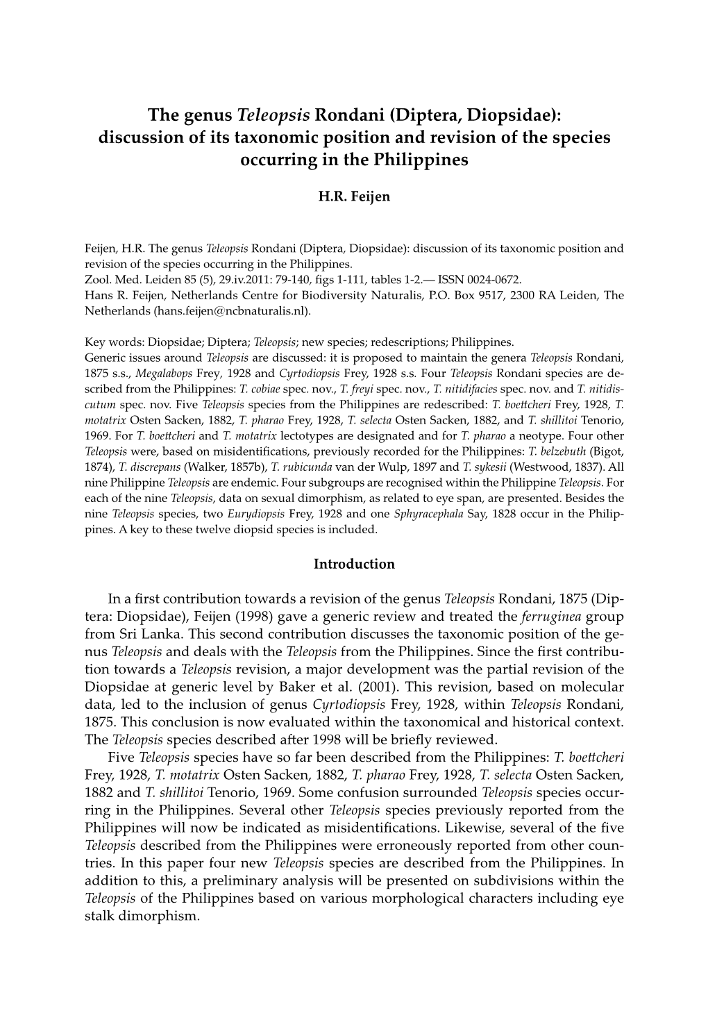 The Genus Teleopsis Rondani (Diptera, Diopsidae): Discussion of Its Taxonomic Position and Revision of the Species Occurring in the Philippines