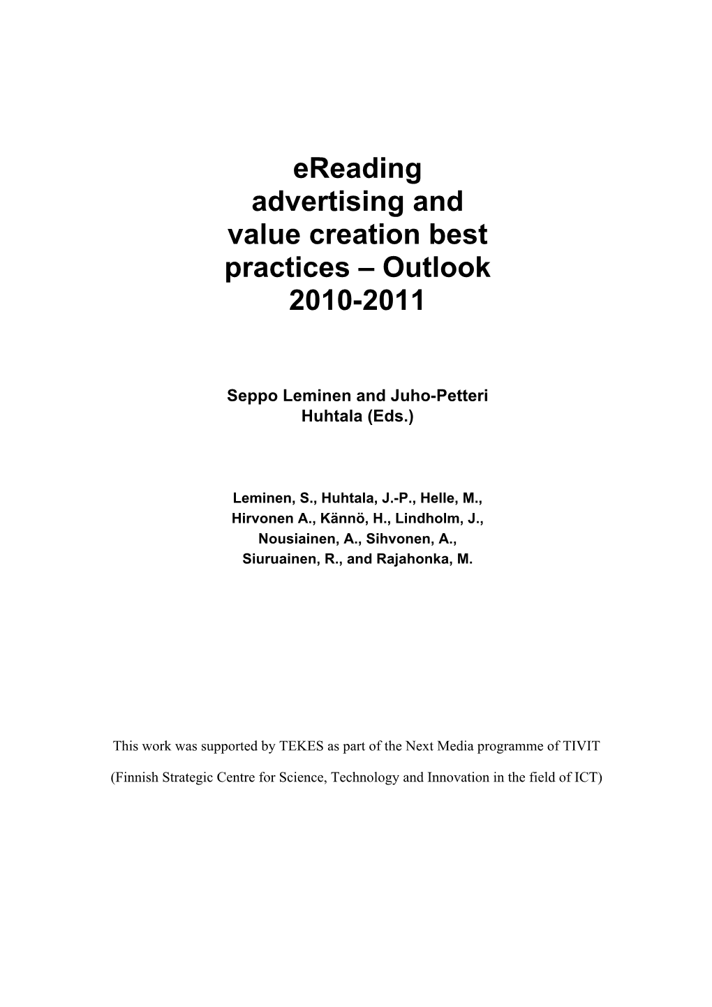 Ereading Advertising and Value Creation Best Practices – Outlook 2010-2011