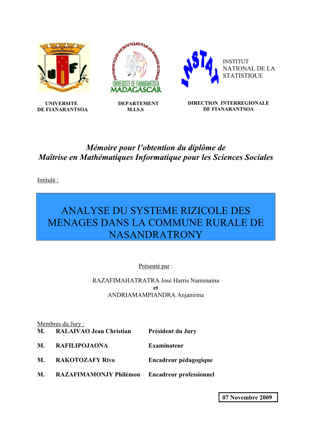 Analyse Du Systeme Rizicole Des Menages Dans La Commune Rurale De Nasandratrony