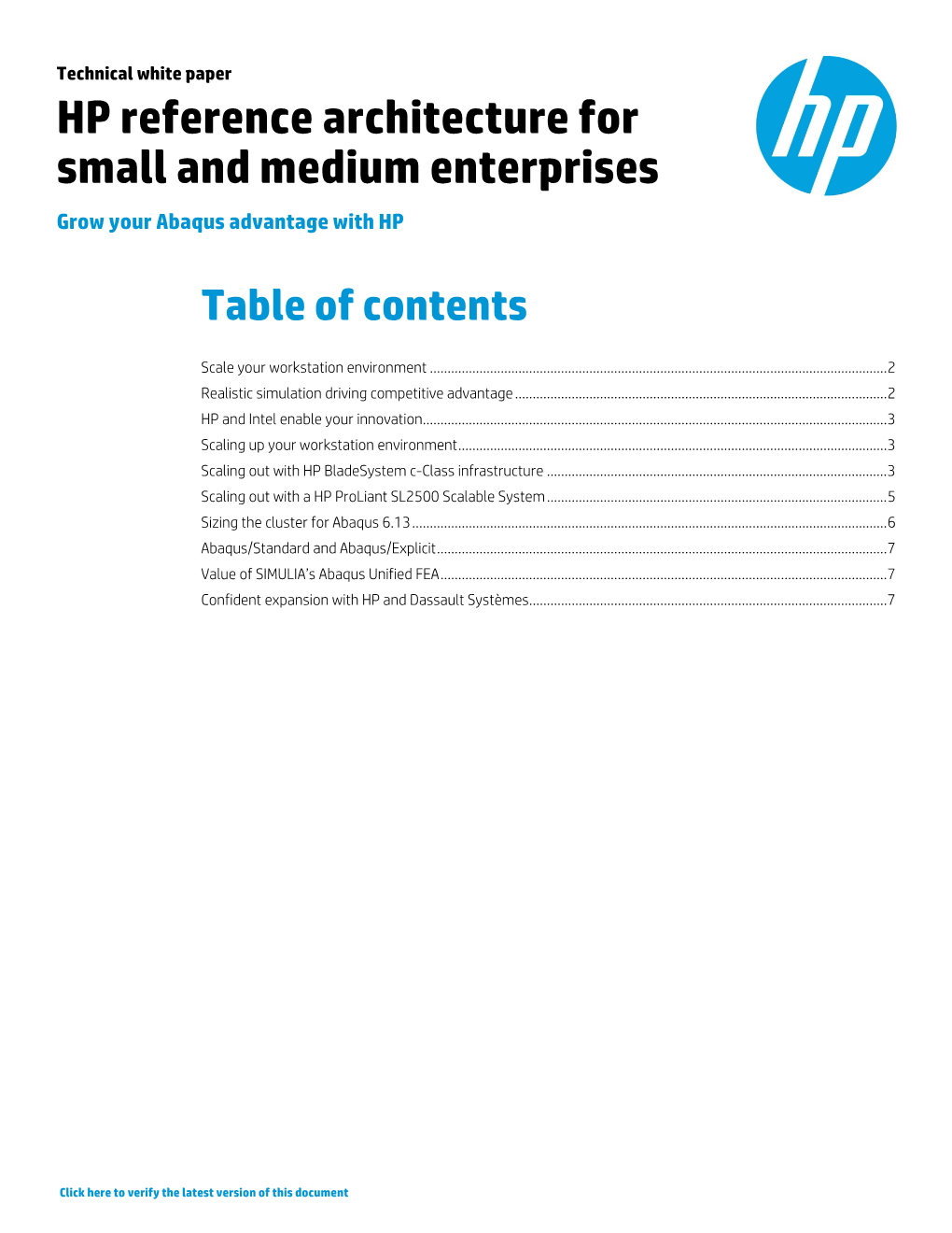 HP Reference Architecture for Small and Medium Enterprises Grow Your Abaqus Advantage with HP