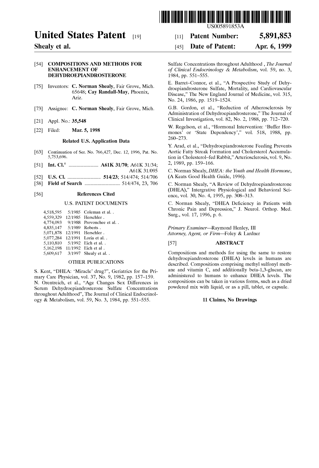 United States Patent (19) 11 Patent Number: 5,891,853 Shealy Et Al
