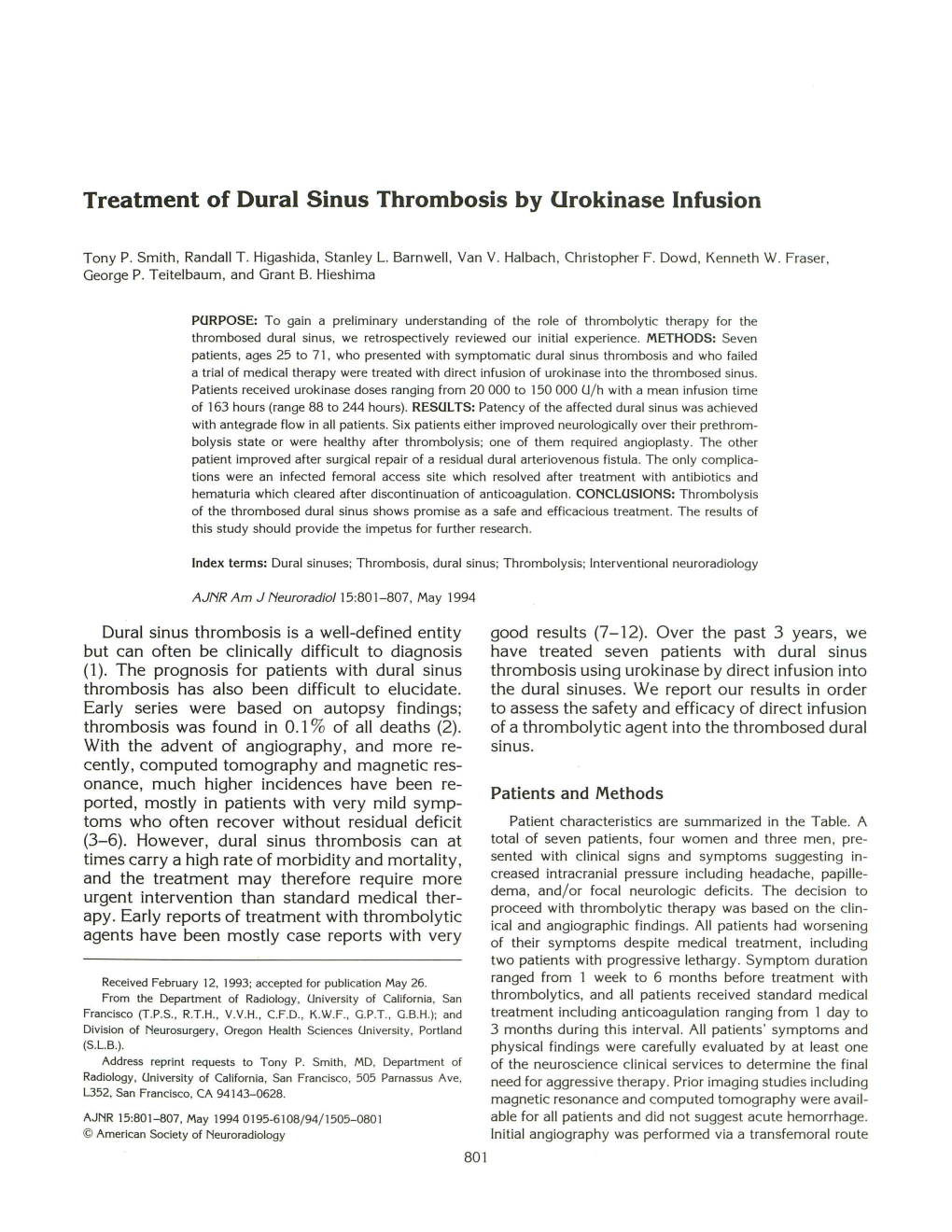 Treatment of Dural Sinus Thrombosis by Urokinase Infusion