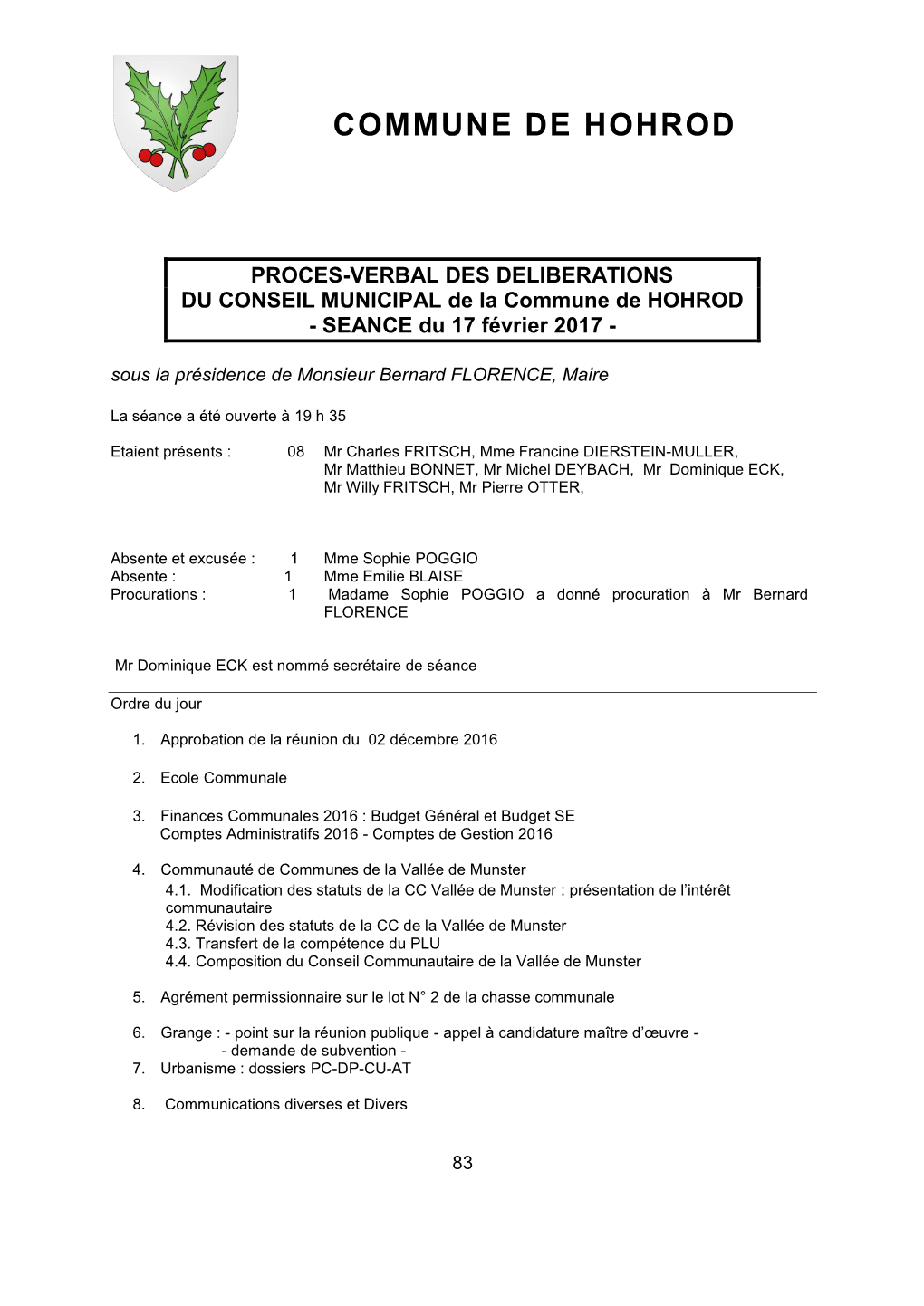 CR Réunion Conseil Municipal Du 17-02-17