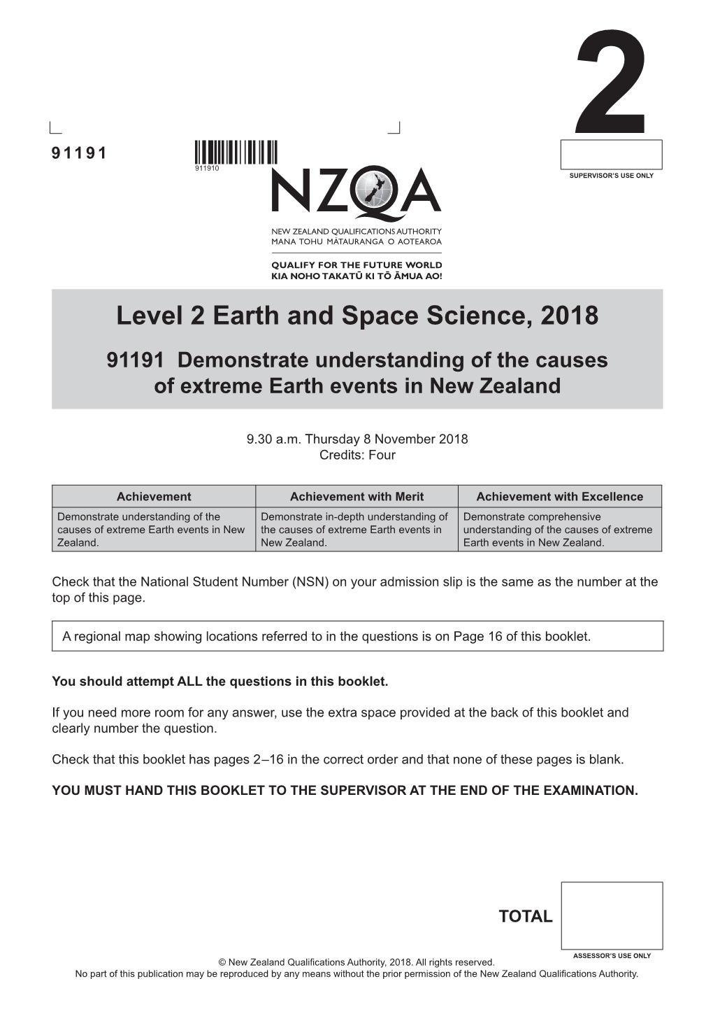 Level 2 Earth and Space Science (91191) 2018