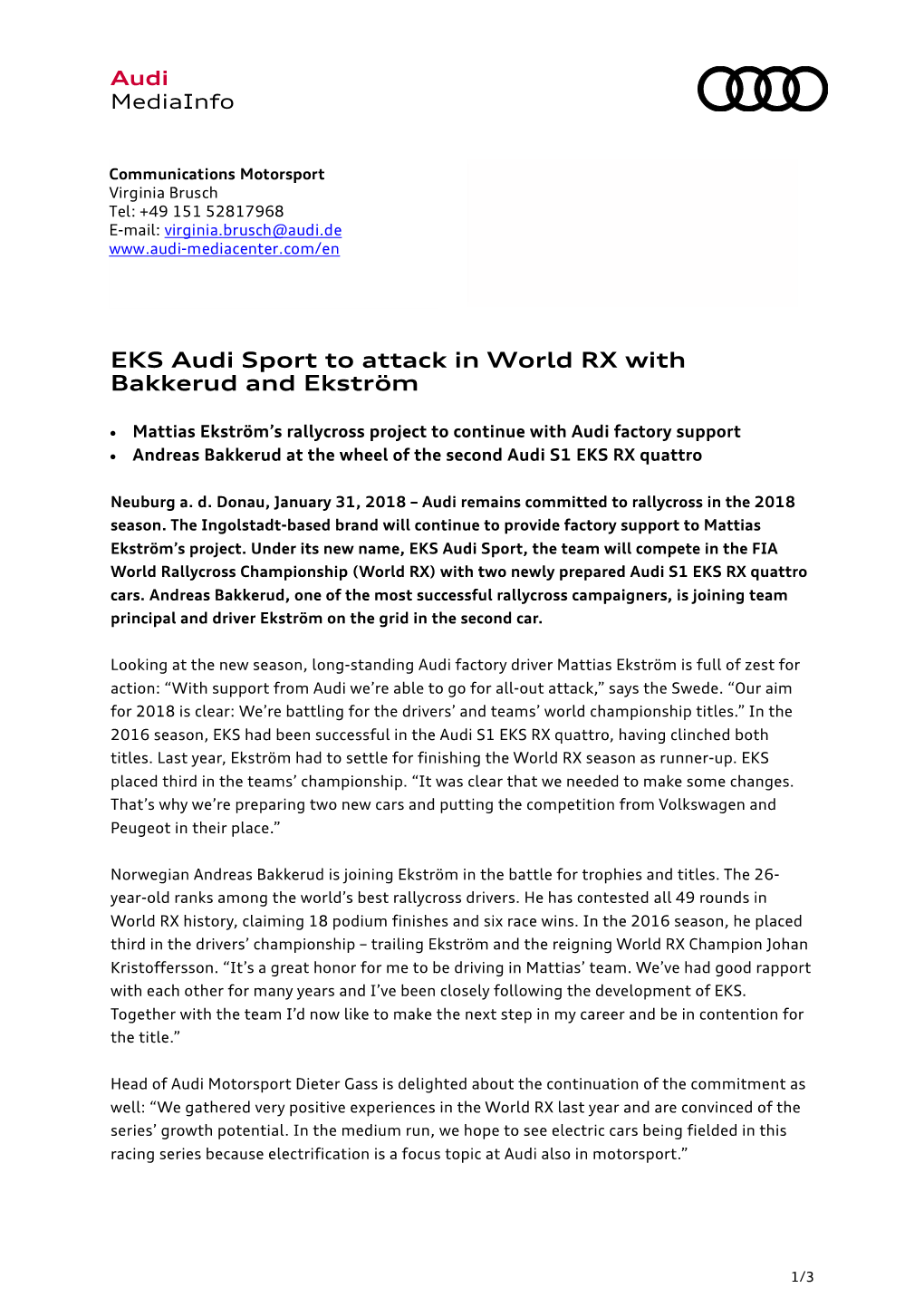 EKS Audi Sport to Attack in World RX with Bakkerud and Ekström