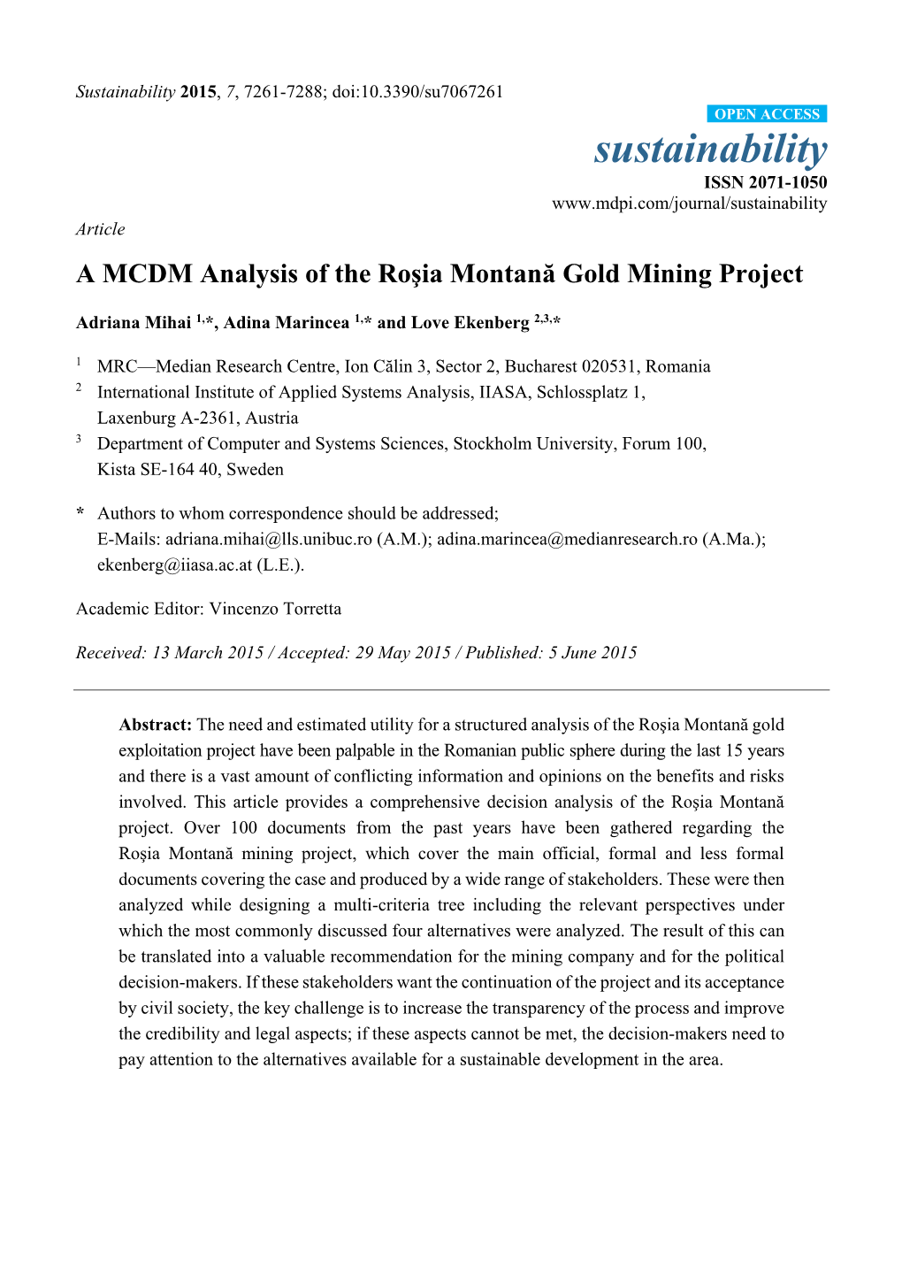 A MCDM Analysis of the Roşia Montană Gold Mining Project