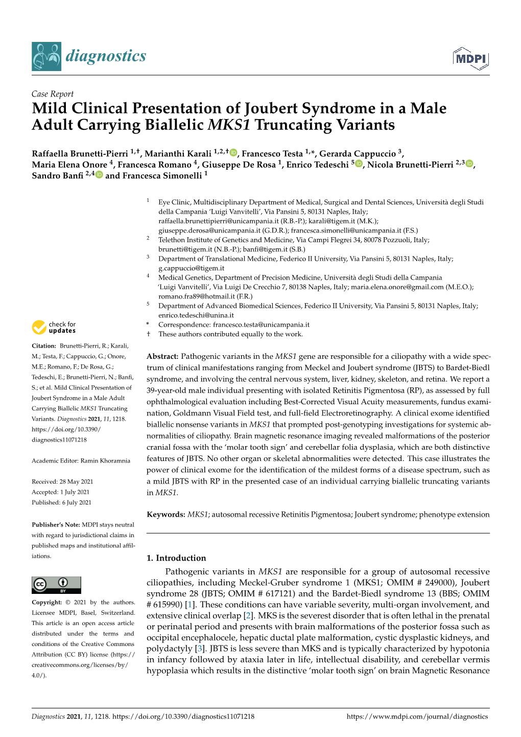 Mild Clinical Presentation of Joubert Syndrome in a Male Adult Carrying Biallelic MKS1 Truncating Variants