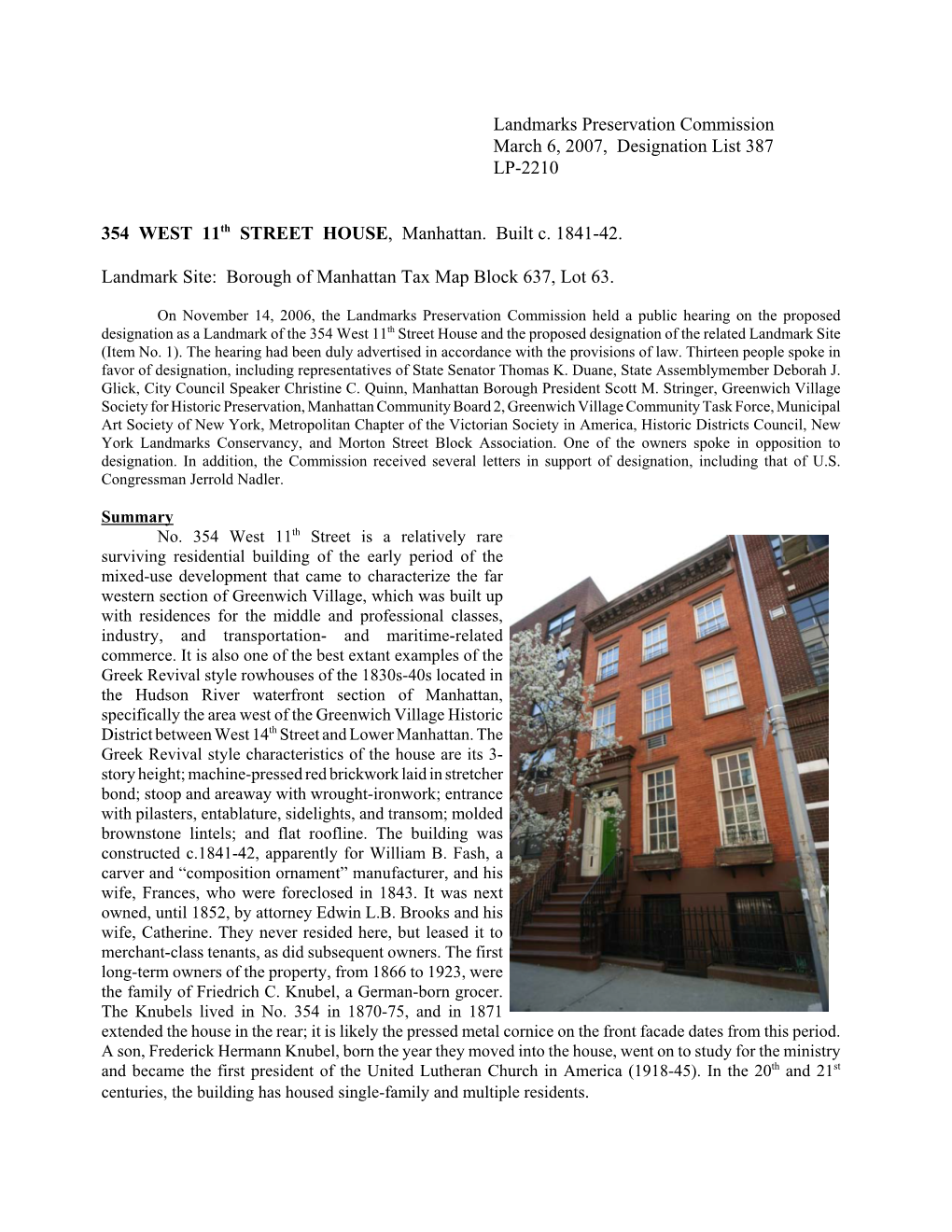 Landmarks Preservation Commission March 6, 2007, Designation List 387 LP-2210