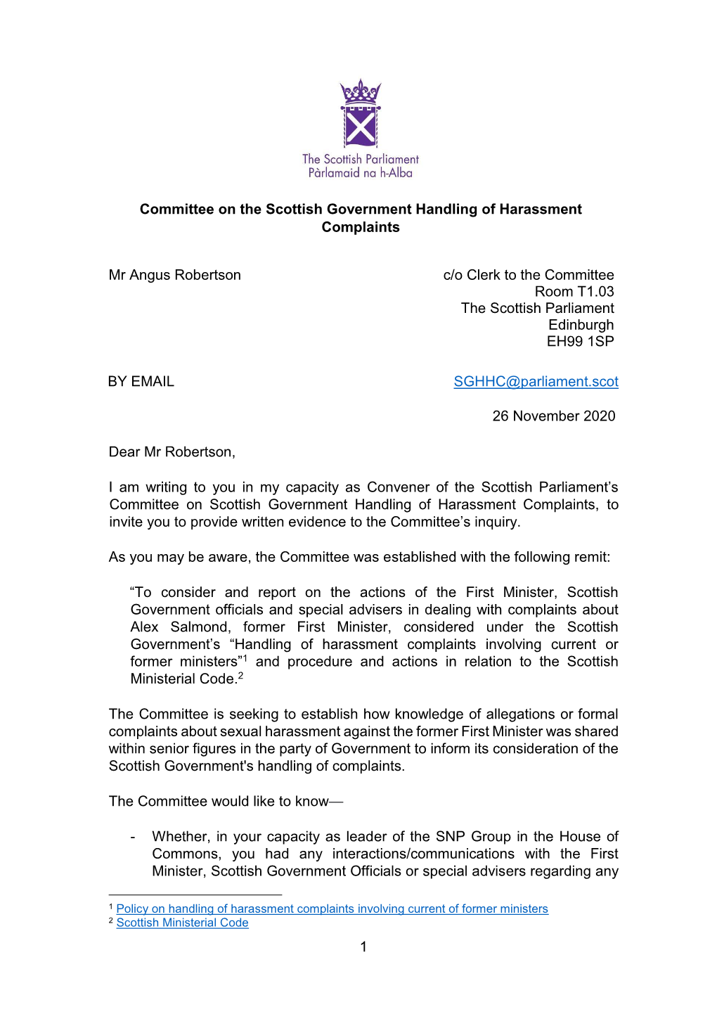 Letter from the Convener to Angus Robertson, 26