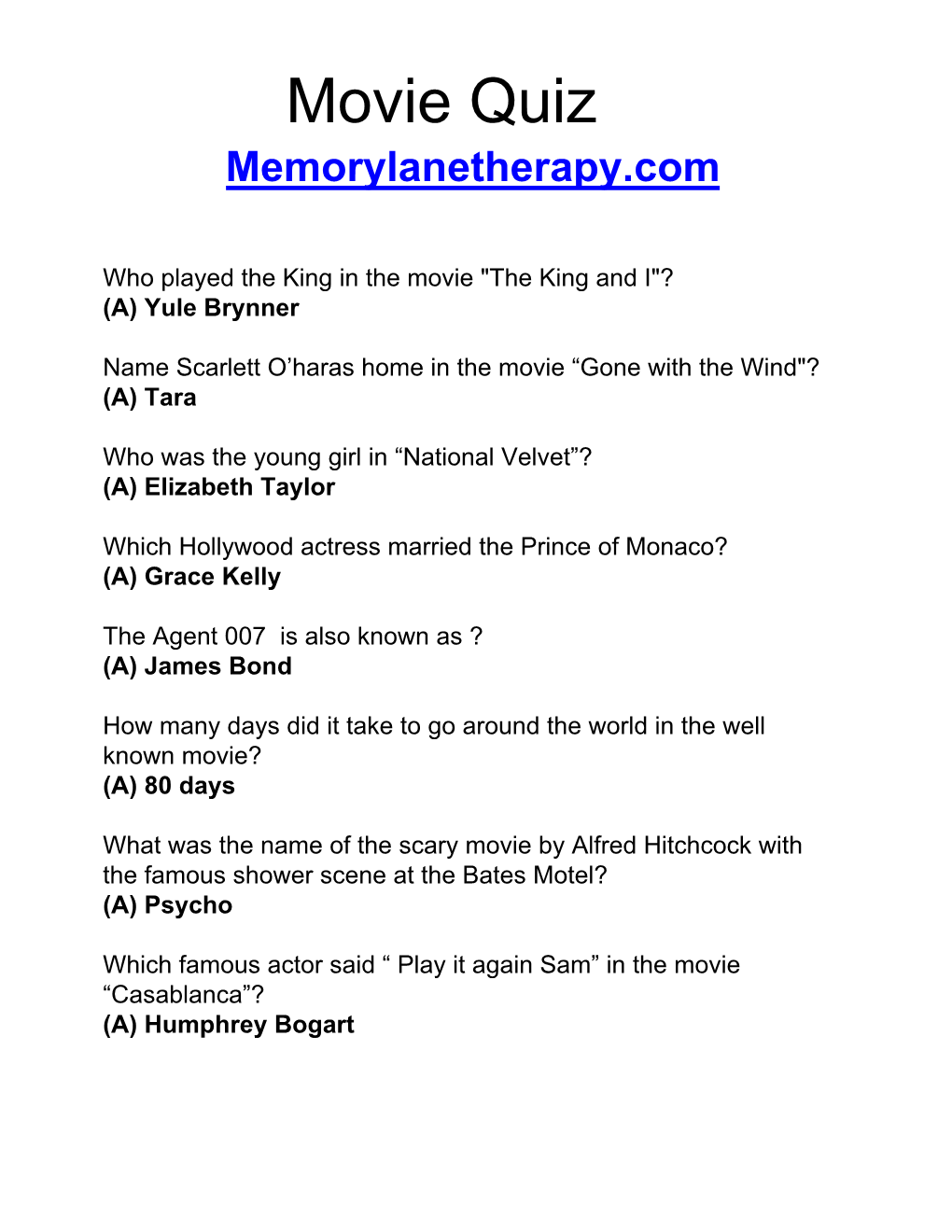 Movie Quiz Memorylanetherapy.Com