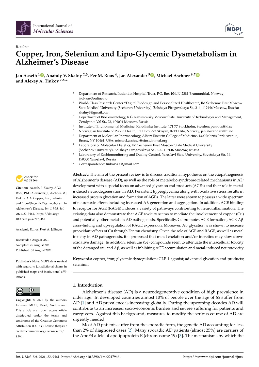 Copper, Iron, Selenium and Lipo-Glycemic Dysmetabolism in Alzheimer’S Disease