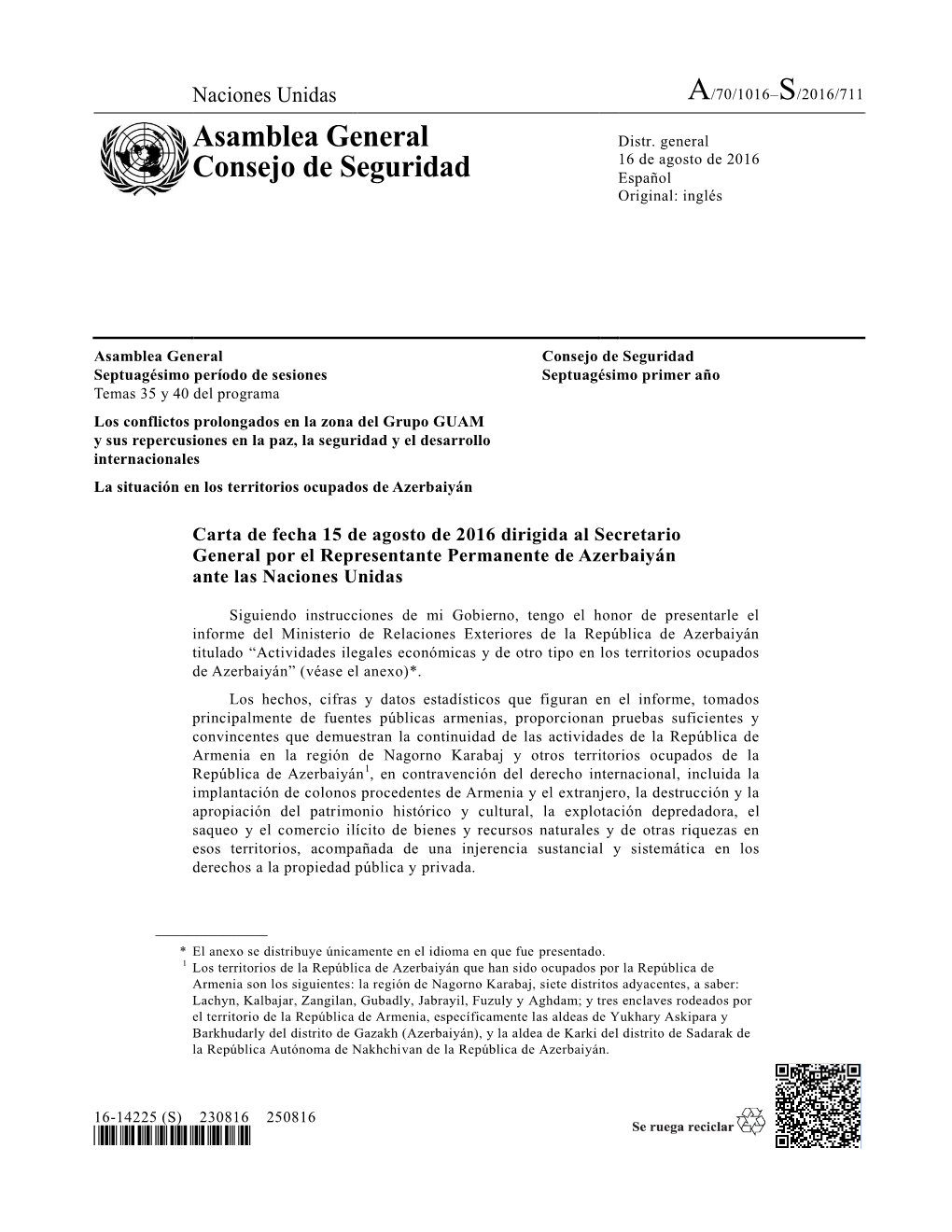 Asamblea General Consejo De Seguridad Septuagésimo Período De Sesiones Septuagésimo Primer Año Temas 35 Y 40 Del Programa