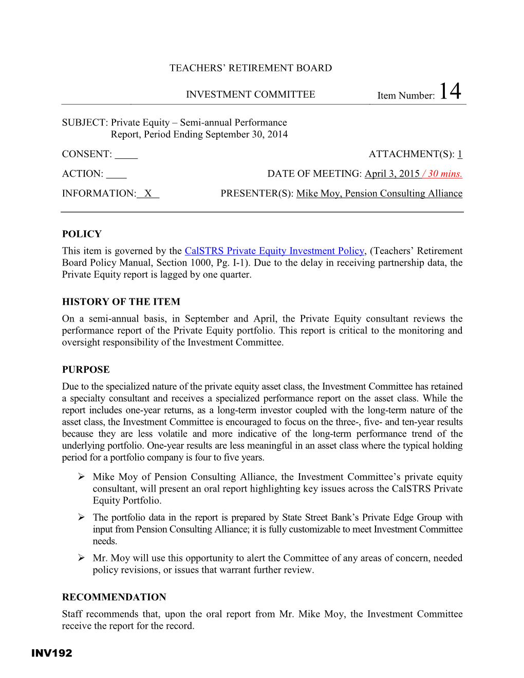 Private Equity – Semi-Annual Performance Report, Period Ending September 30, 2014