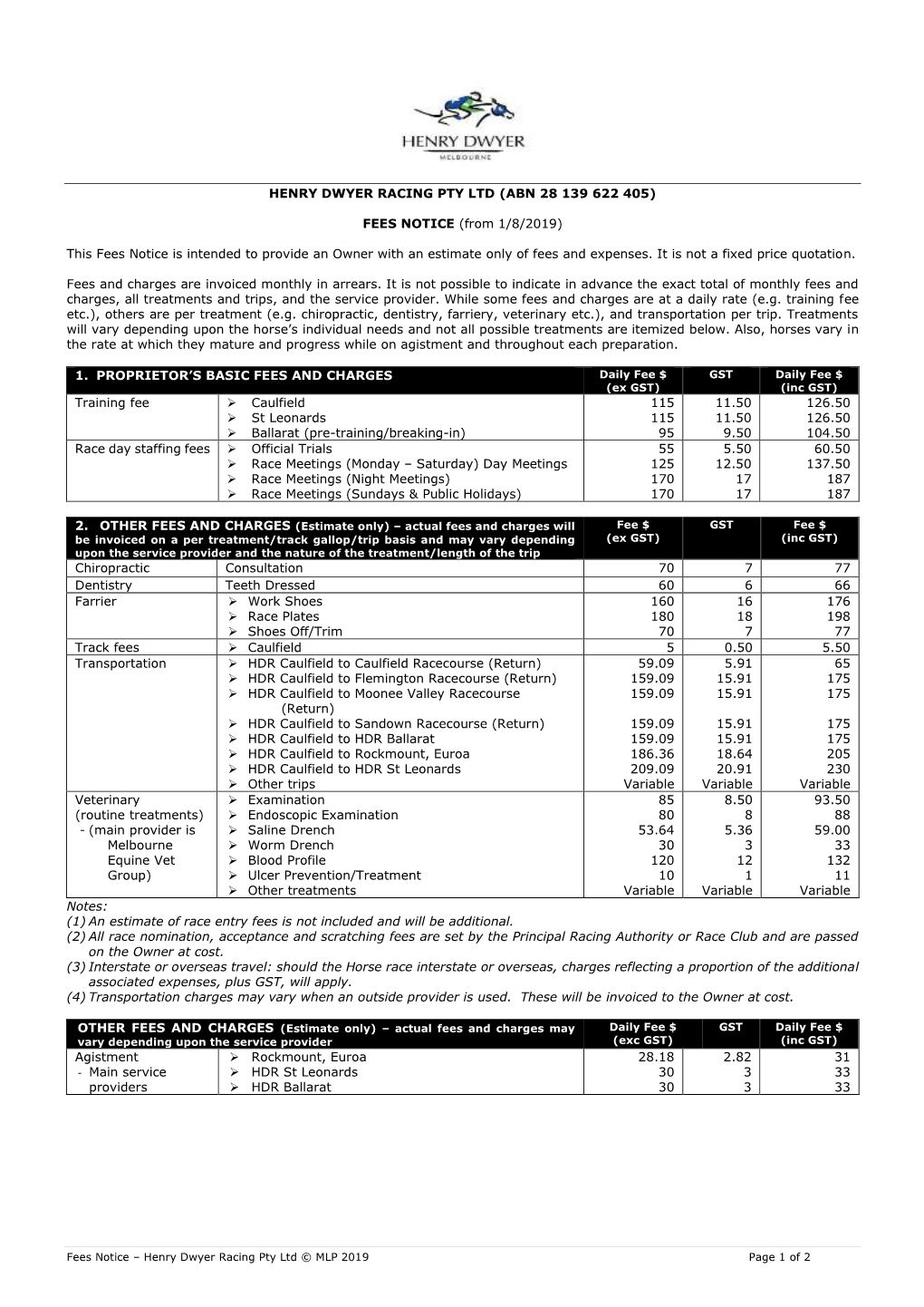 FEES NOTICE (From 1/8/2019)