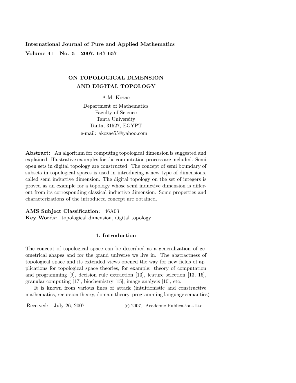 International Journal of Pure and Applied Mathematics ————————————————————————– Volume 41 No
