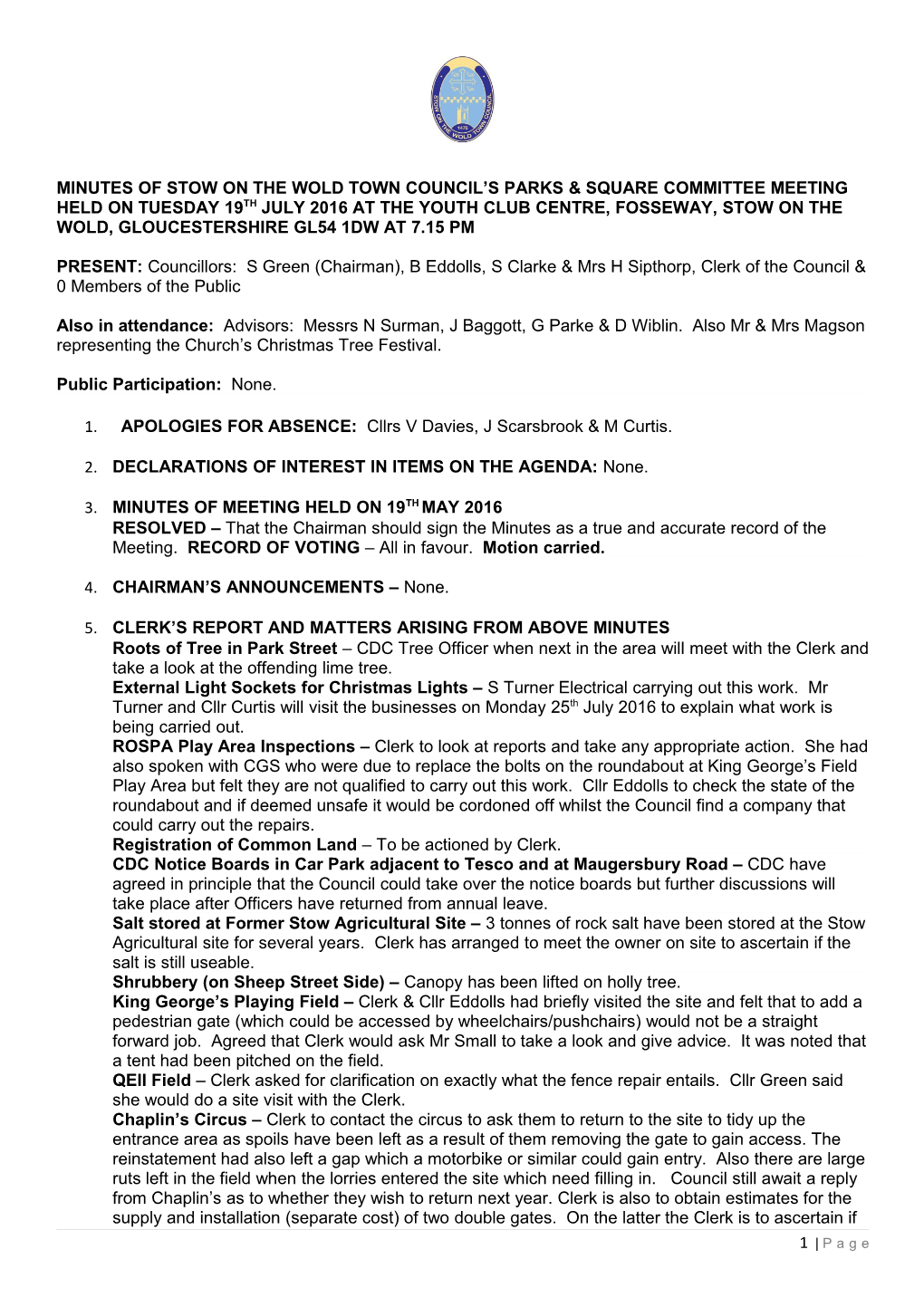 Minutes of Stow on the Wold Town Council S Parks & Square Committee Meeting Held on Tuesday