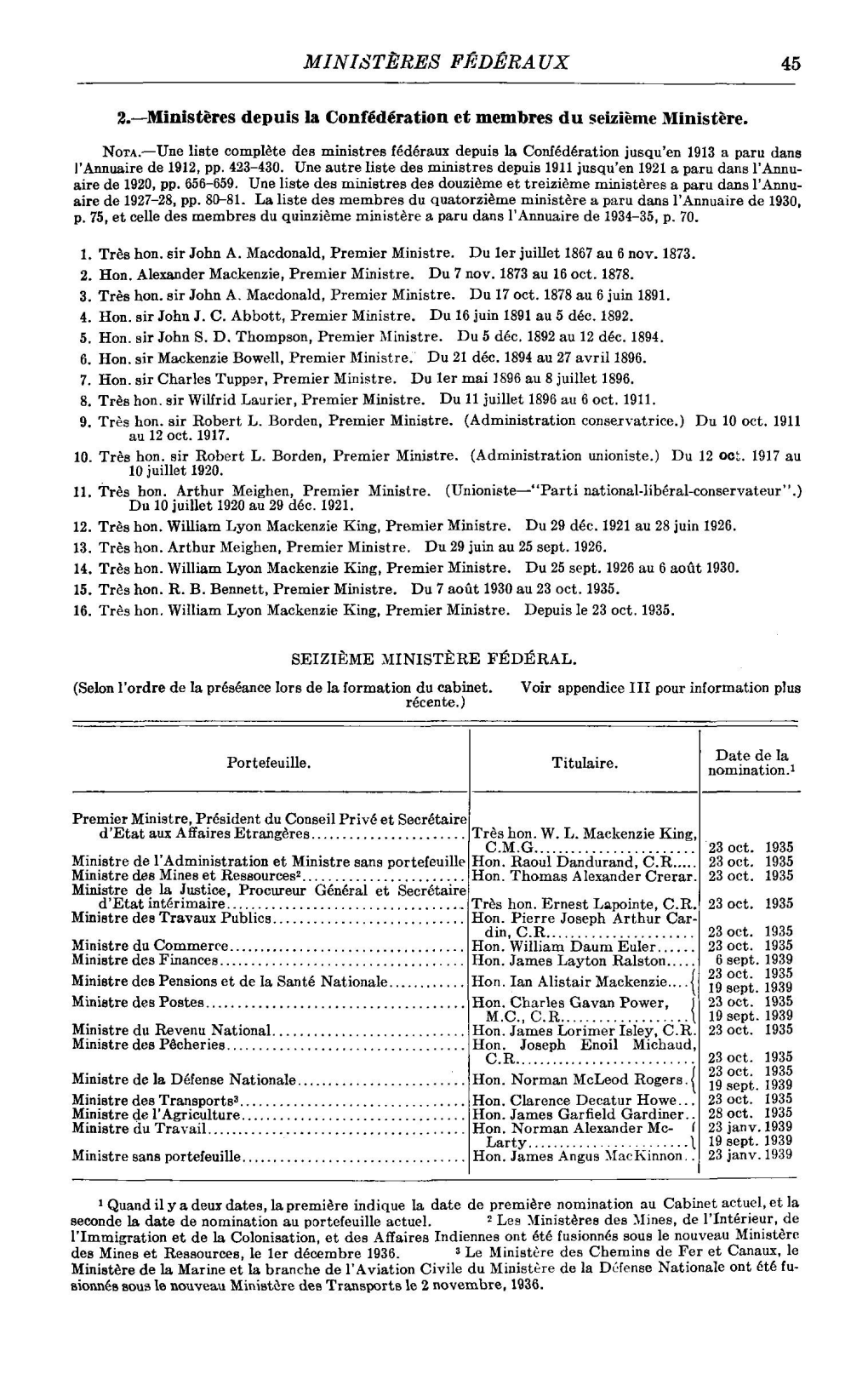 MINISTÈRES FÉDÉRAUX 45 2.—Ministères Depuis La