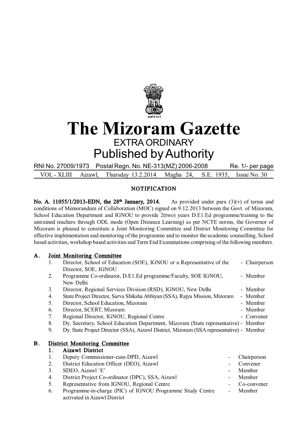 The Mizoram Gazette EXTRA ORDINARY Published by Authority RNI No