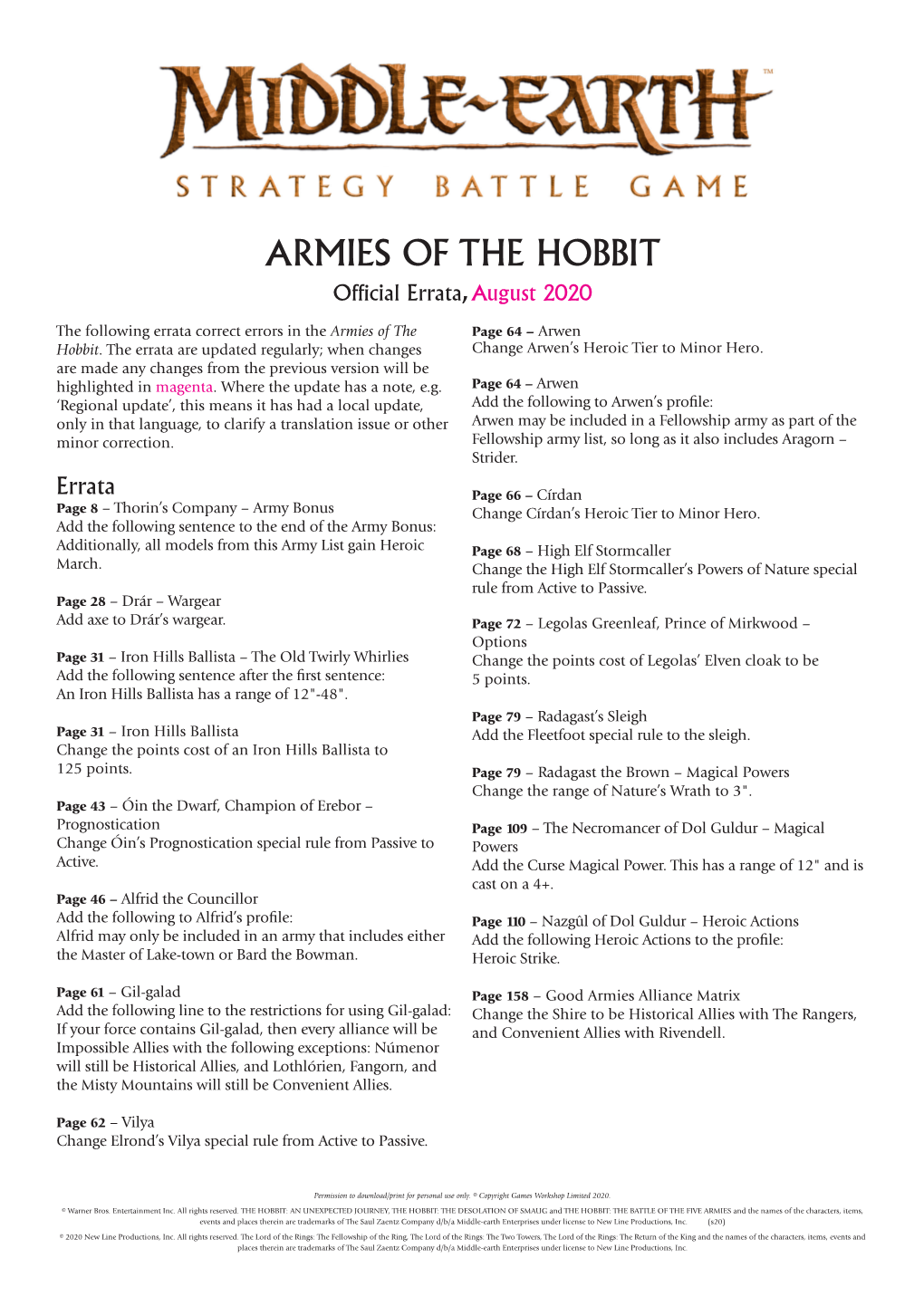 ARMIES of the HOBBIT of Cial Errata, August 2020