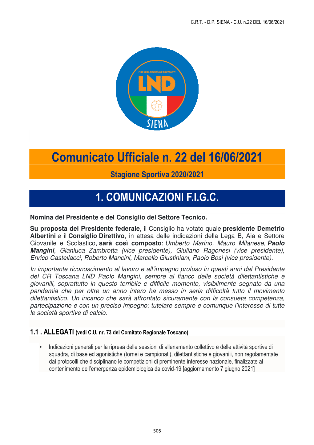 Comunicato Ufficiale N. 22 Del 16/06/2021