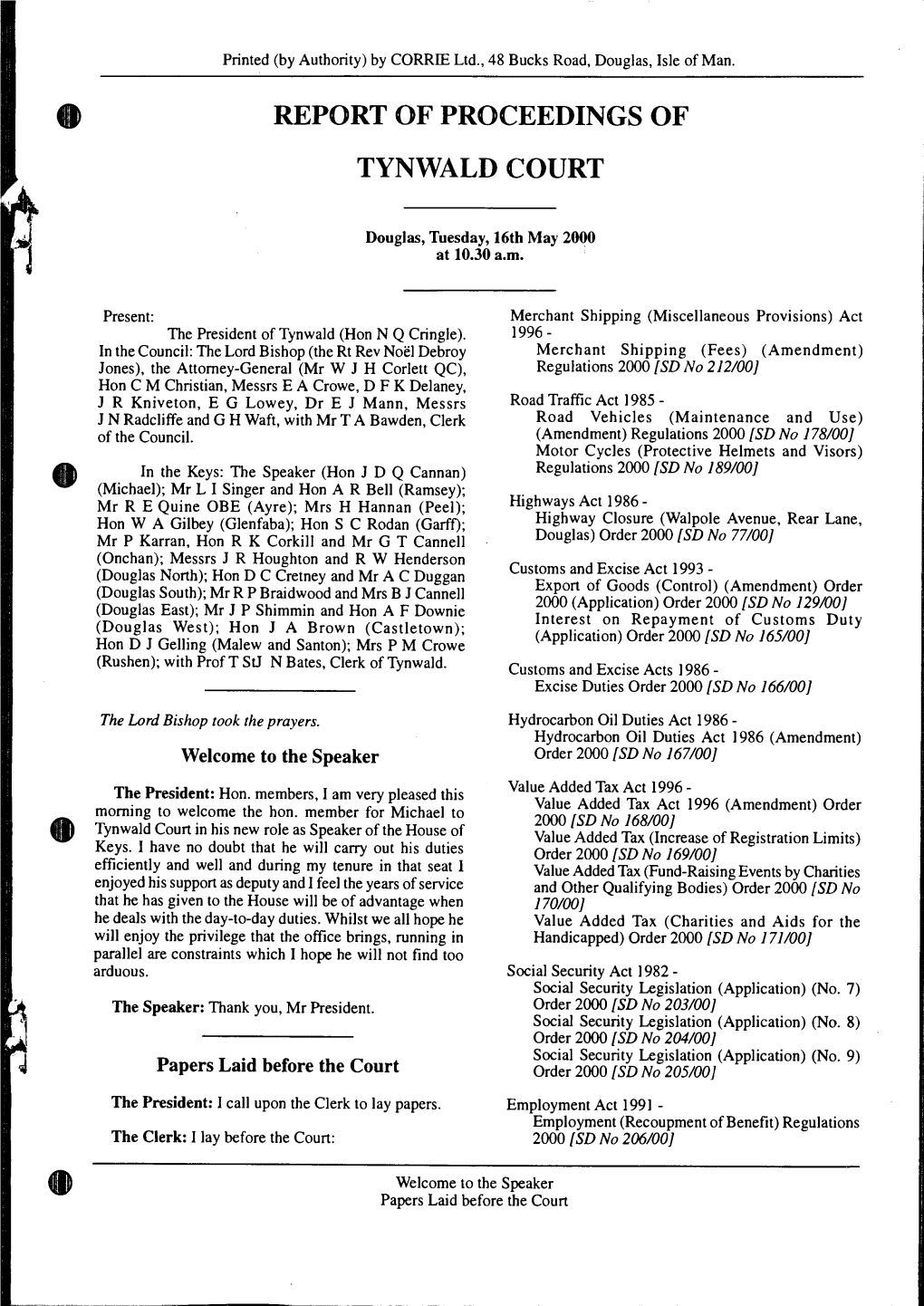 Report of Proceedings of Tynwald Court