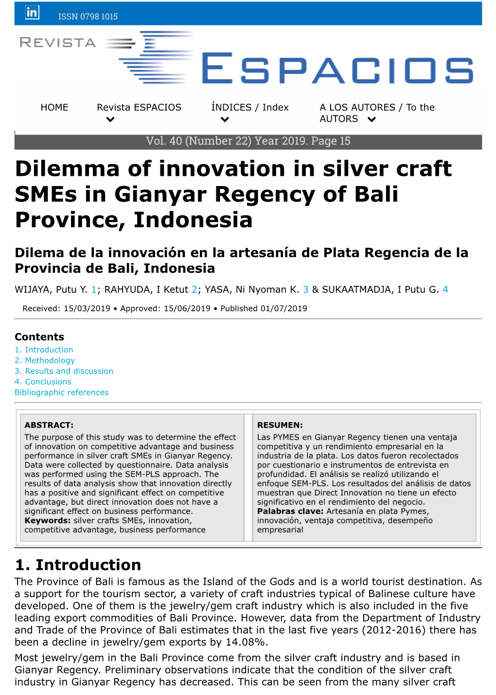 Dilemma of Innovation in Silver Craft Smes in Gianyar Regency of Bali Province, Indonesia