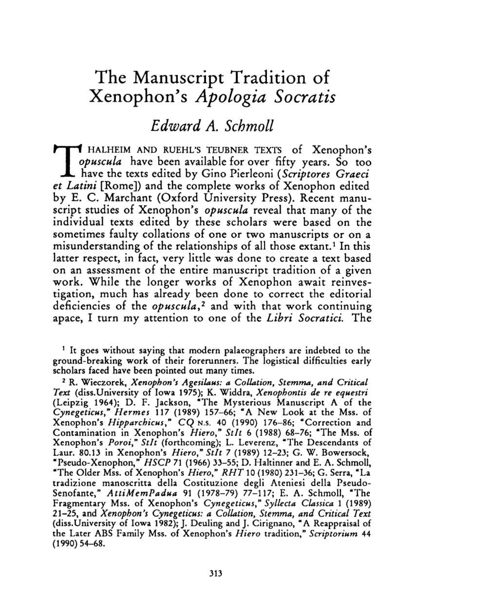 The Manuscript Tradition of Xenophon's Apologia Socratis Edward A