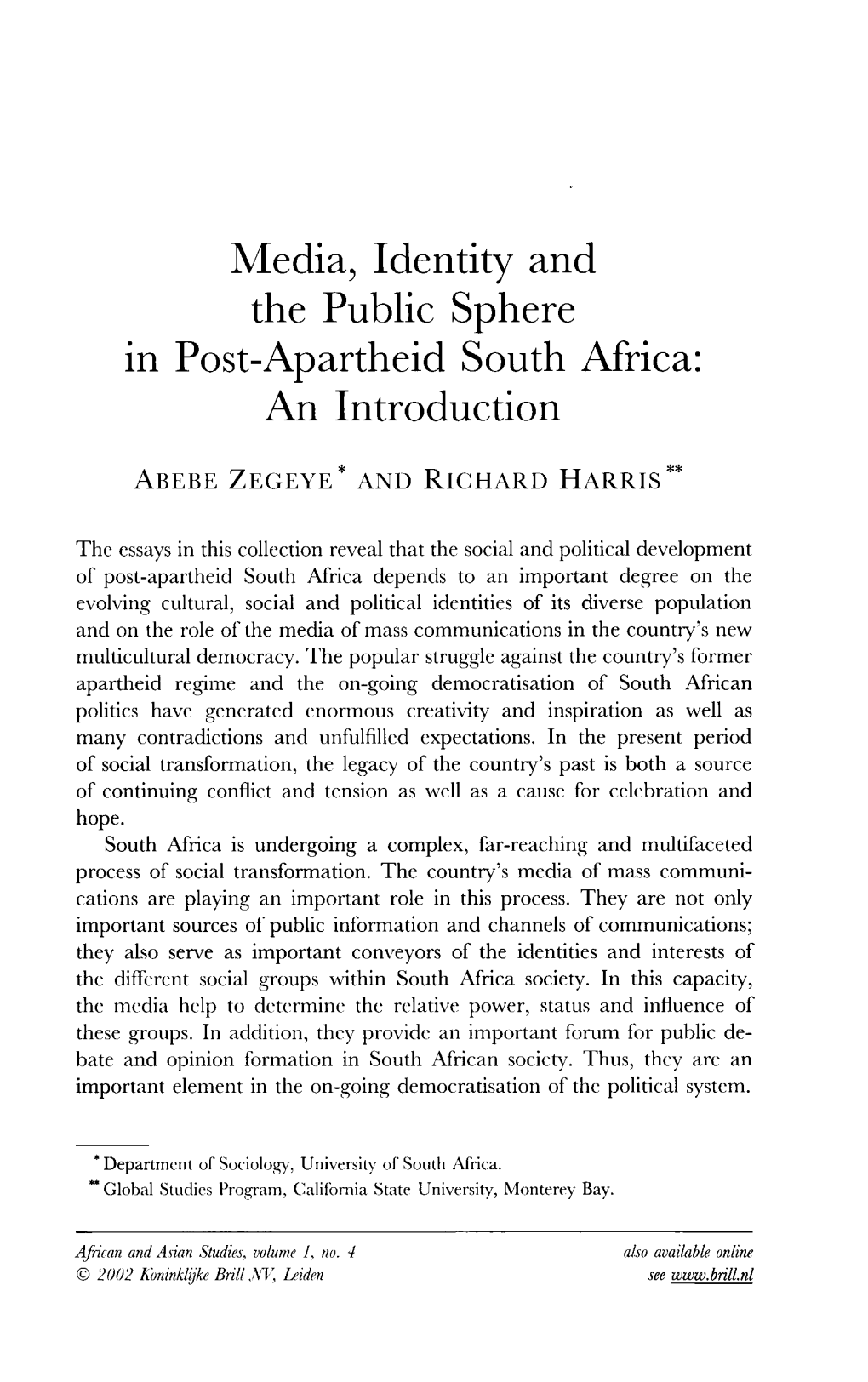 Media, Identity and the Public Sphere in Post-Apartheid South Africa: an Introduction