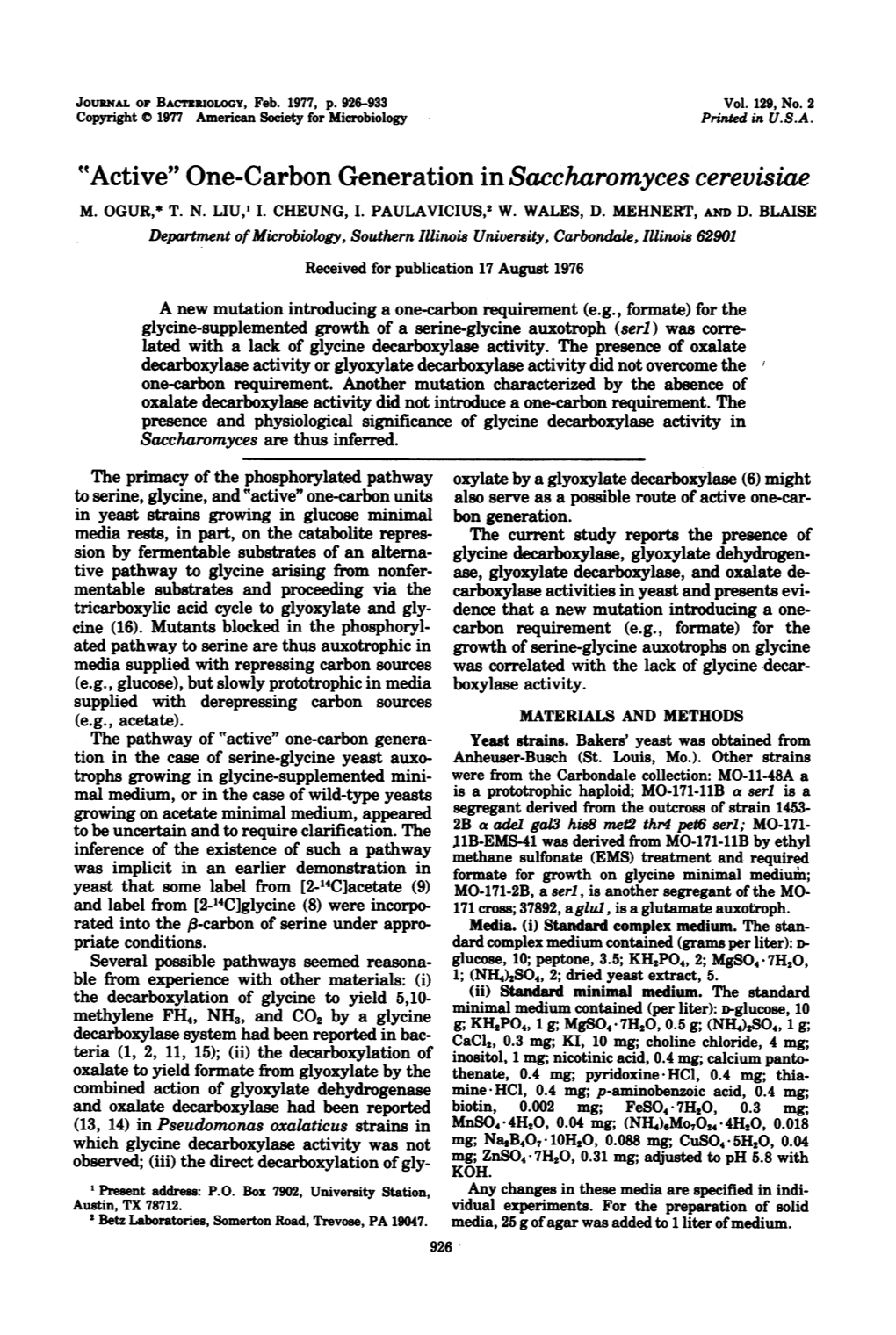 One-Carbon Generation in Saccharomyces Cerevisiae M