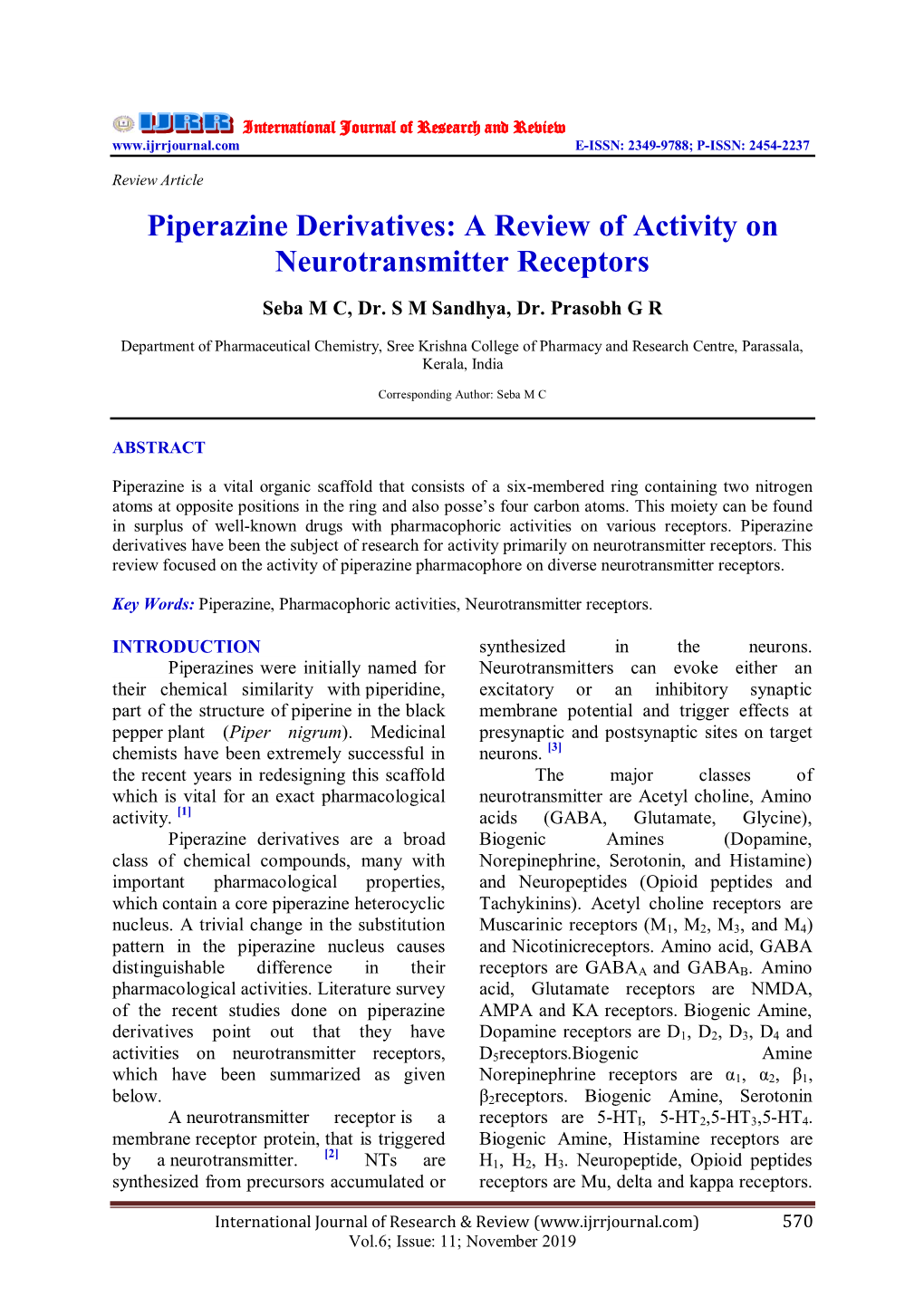 Piperazine Derivatives: a Review of Activity on Neurotransmitter Receptors